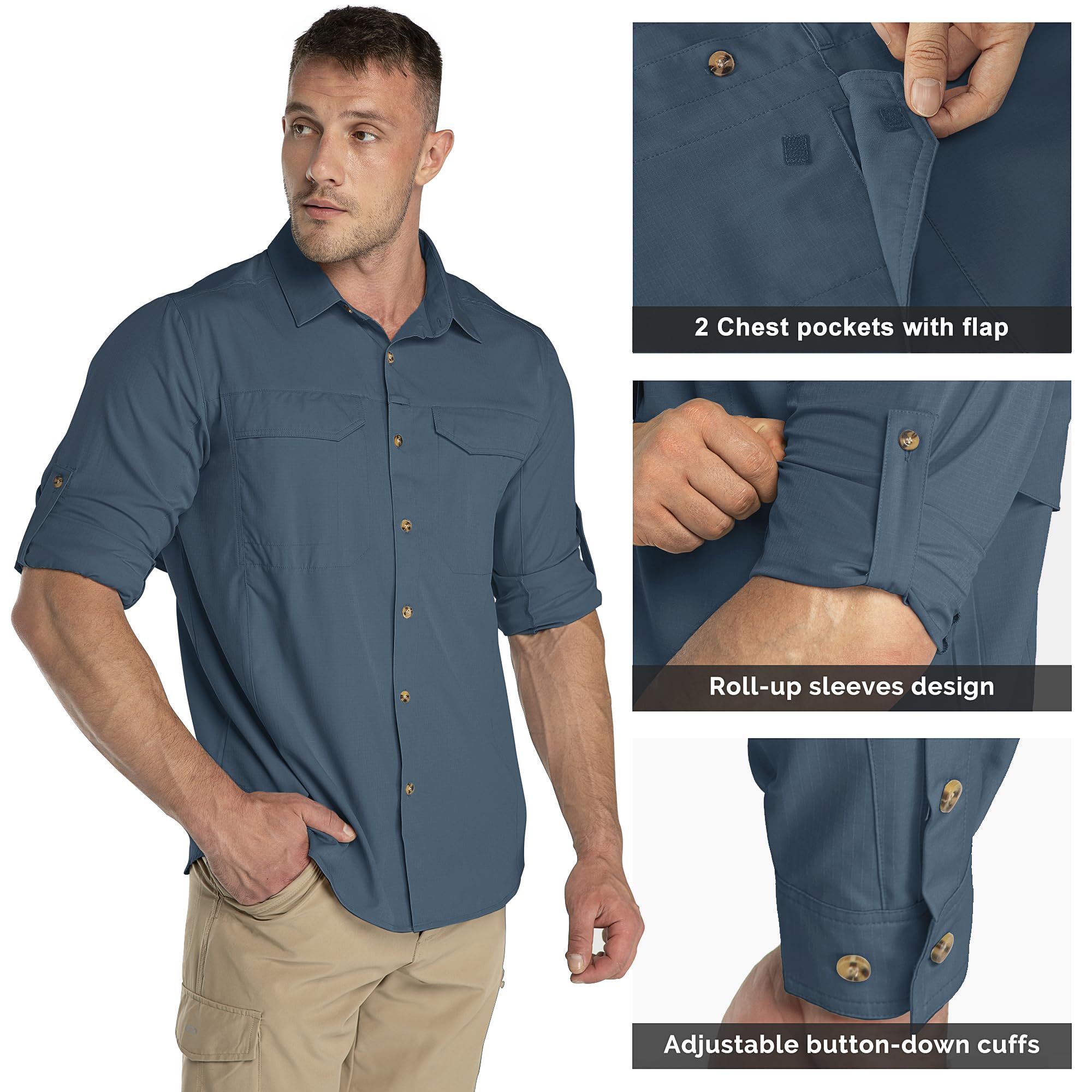 33,000ft UPF50+ - Camicia da uomo funzionale a maniche lunghe, traspirante, con bottoni, per esterni, sport, tempo libero, pesca