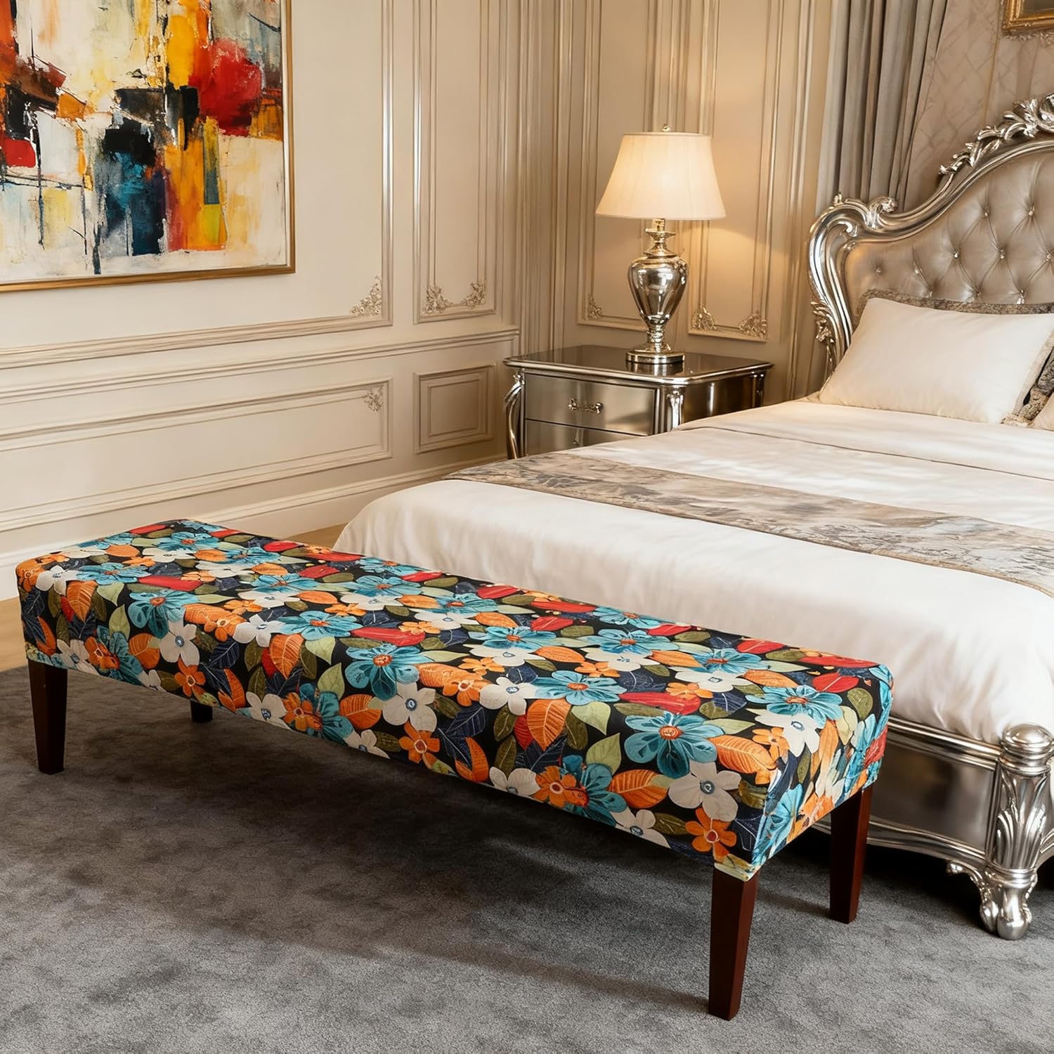 Floral Dining Bench Cover 60 inches Length Stretch Bench Slipcover for Bedroom Printed Rectangle Washable