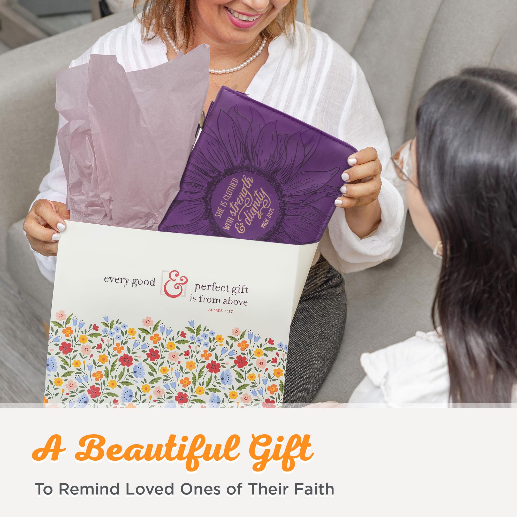 Christian Art Gifts Moda Donna Bibbia Cover Forza e Dignità Proverbi 31:25, Viola/Oro Girasole Ecopelle, Medio