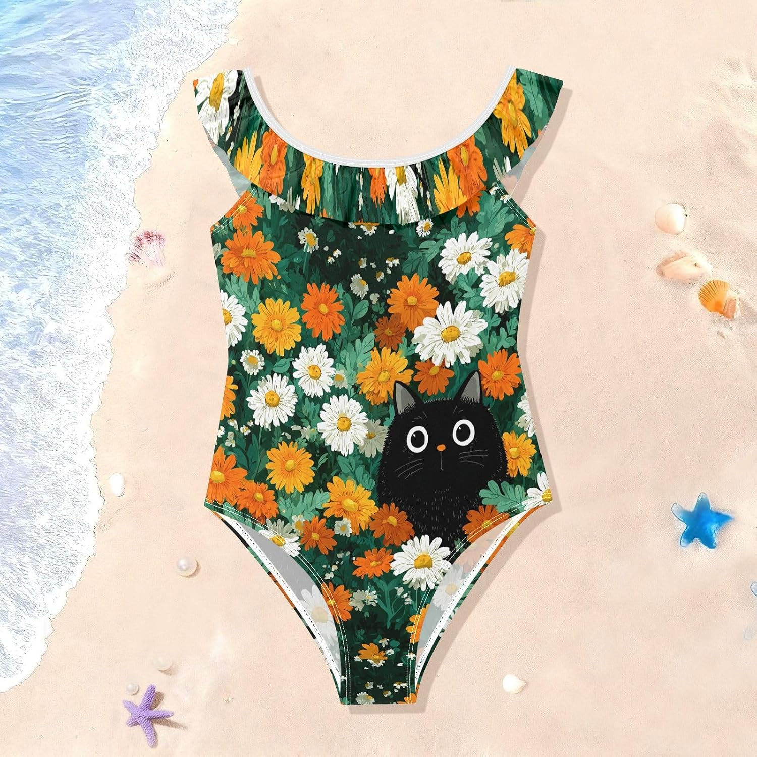 visesunny Girls One Piece Swimsuits Ruffle Swimwear Anime Floral Cat Bathing Suits for Girls 3-6Y