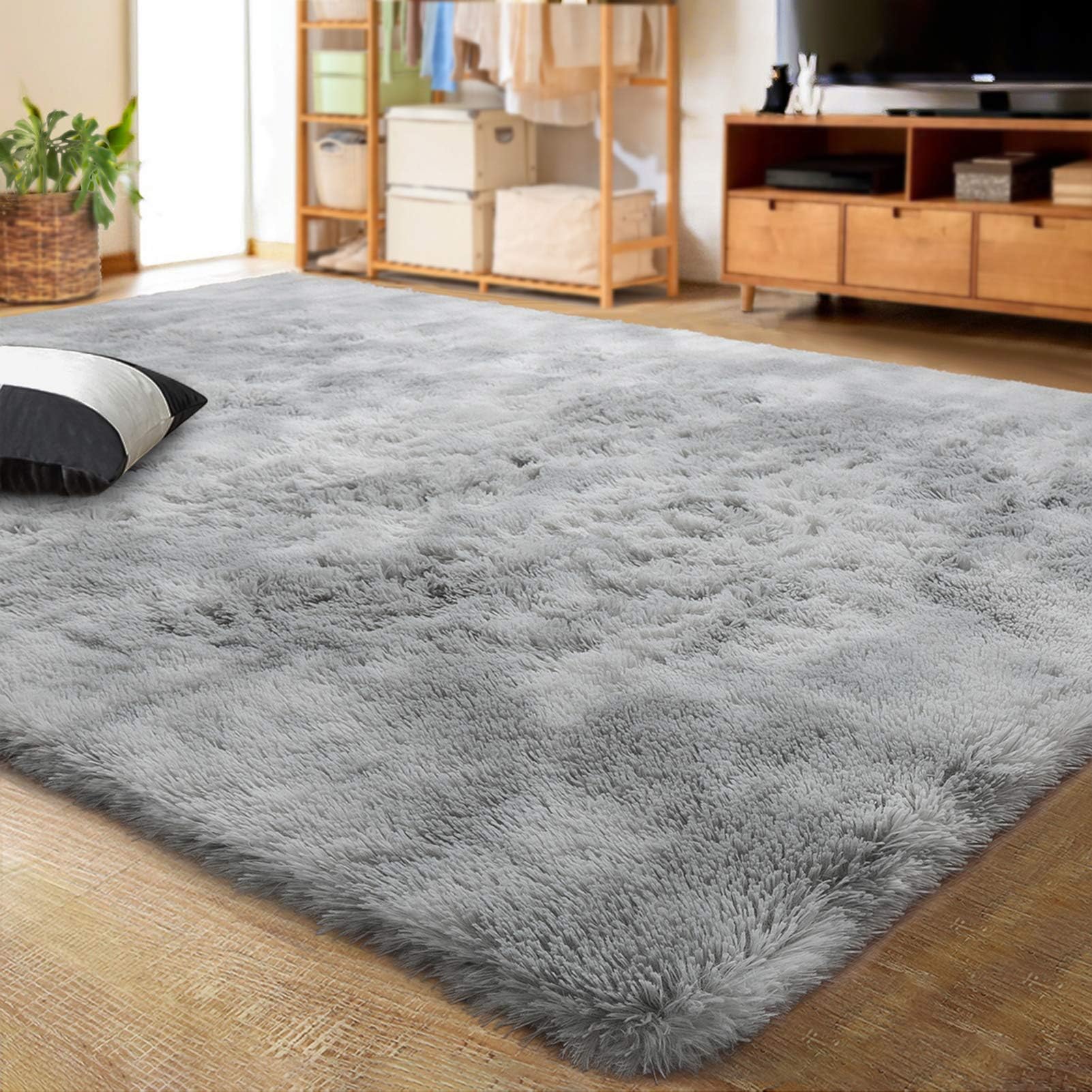 LOCHAS Luxury Fluffy Rainbow Area Rug for Girls Bedroom 5x8, Soft Fuzzy Kids Rugs for Bedroom Boys Playroom, Cute Colorful Tie Dye Princess Carpet for Nursery Living Room Home Decor, Light Grey