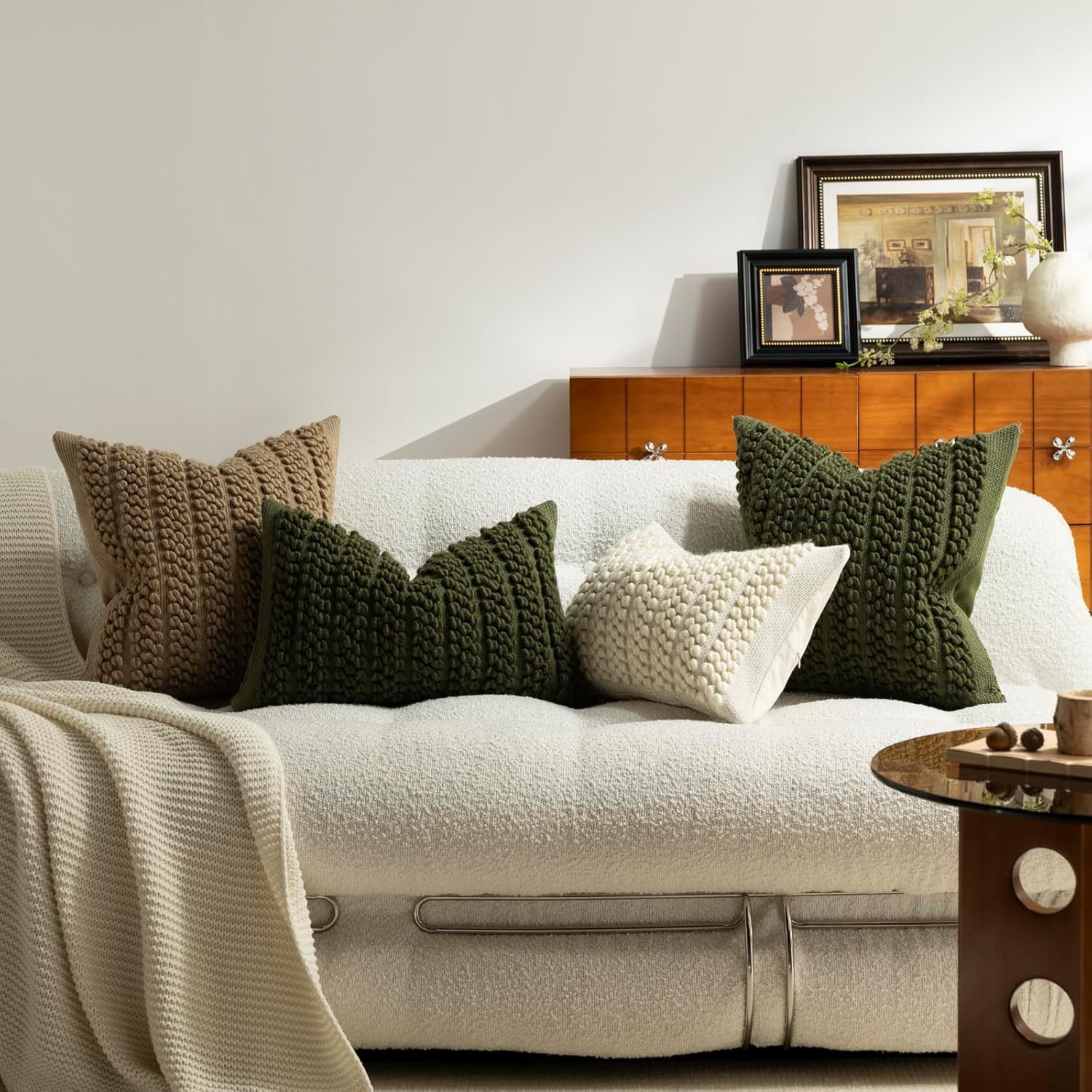 Wool Boucle Throw Pillow Cover Premium Chic Accents Square Textured Decorative Pillow Case for Living Room Couch Sofa Home Decor 18"x18" Olive Green Christmas