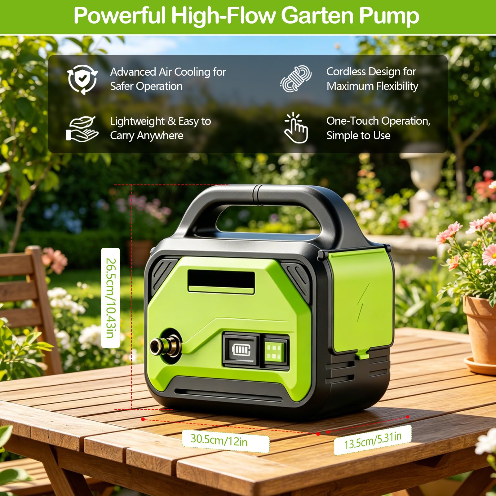 Pompa da Giardino Autoadescante a Batteria, 4,5 Bar, Pompa Acqua Portatile con 2 Batterie, Tubo di Mandata 10 m e Aspirazione 3 m, 3 Ugelli Spray, per Laghetto, Giardino, Acquario e Campeggio