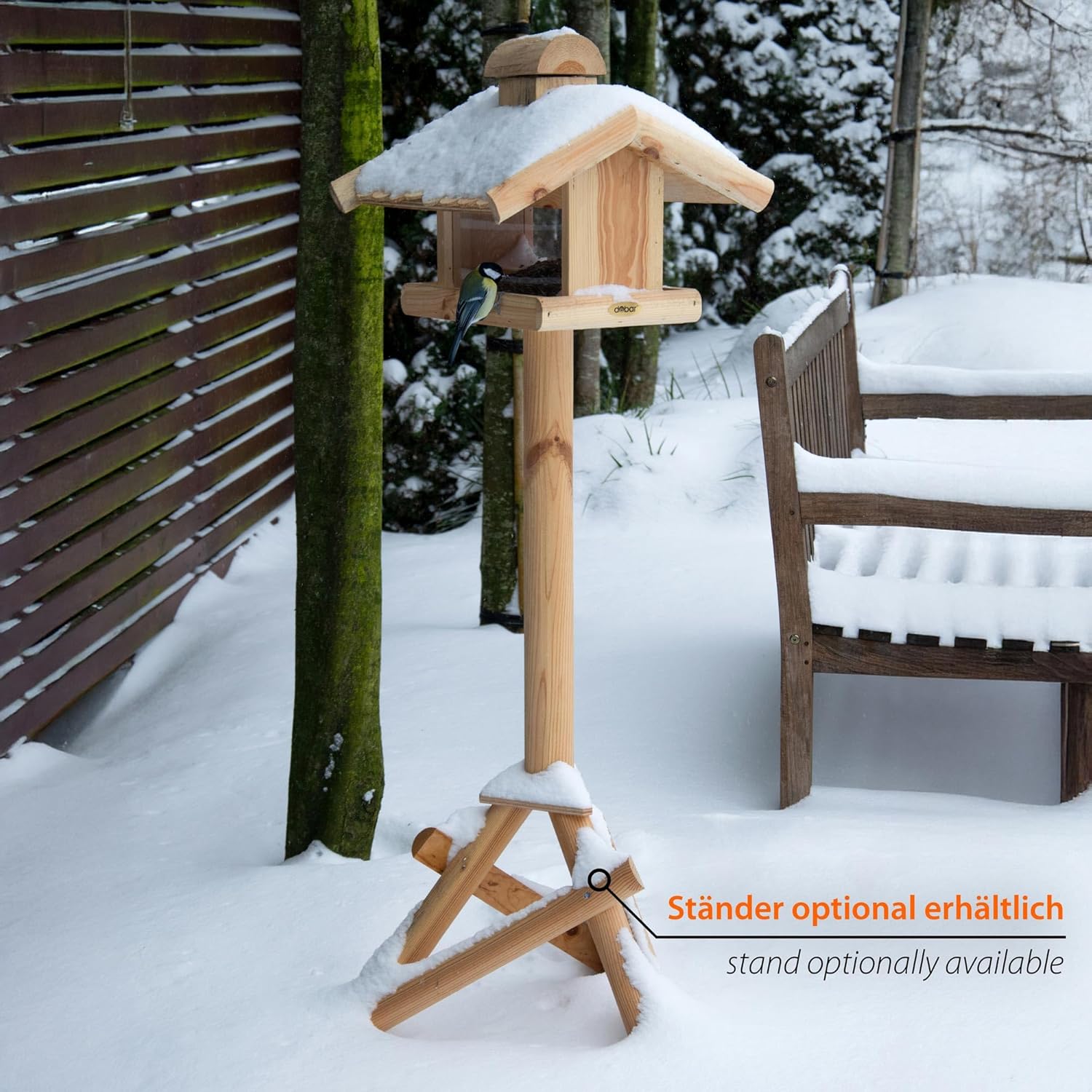 dobar® 21277e Large Bird Feeder with Feeder Silo - Solid Wood Bird House - Bird Villa with Wooden Shingle Roof - Bird Feeder for Stand Mounting - 38 x 38 x 30 cm - Natural