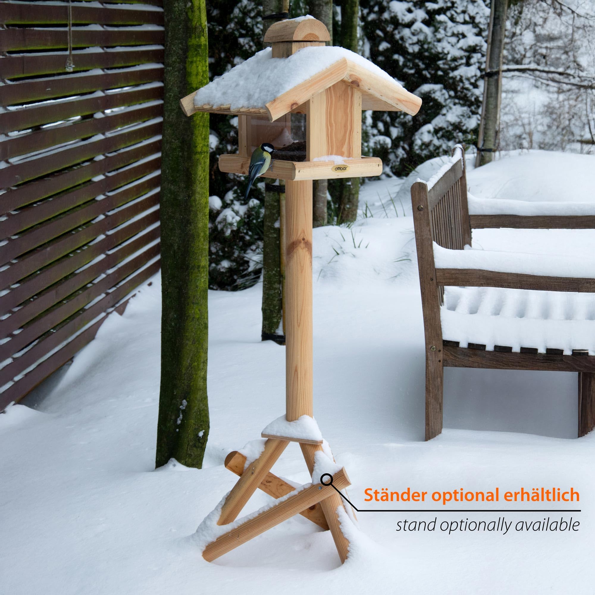 dobar® 21277e Großes Vogelfutterhaus mit Futtersilo - Vogelhaus aus Massivholz - Vogelvilla mit Holzschindeldach - Vogelfutterstation für Ständermontage - 38 x 38 x 30 cm - Natur