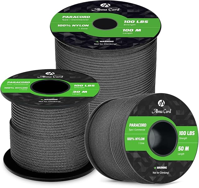 Abma Cord Paracord 2mm 100% Nylon Rope (30m-50m-100m) 1 Strand Type I Parachute Cord - Max. 45kg (100lbs) - Black, 30m
