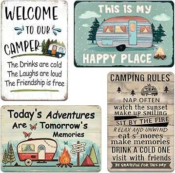 4pcs Camping Signs for Camper - Welcome to Our Camper Sign, Vintage Metal Tin Sign for RV, Canbin House, Outside, Lodge Wall Decor Art Accessories, Camping Gifts for Men Women, 8 x 12 inch