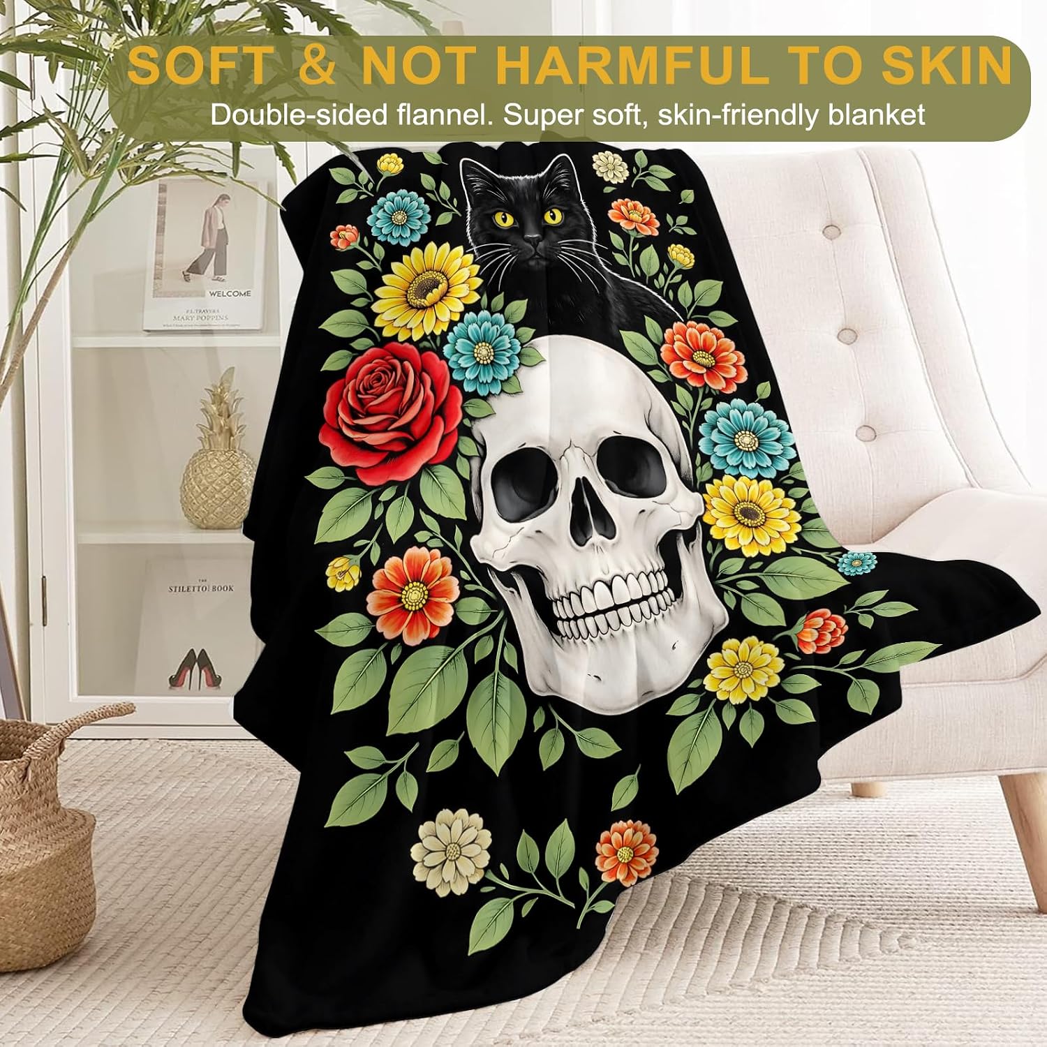 Vintage Skull and Cat Fleece Throw Blanket 50x60 Inch,Gothic Skeleton and Black Kitten Floral Decorative Throws,Lightweight Blankets for Bedroom Couch,Cozy Gifts for Women Teens Goth Lovers