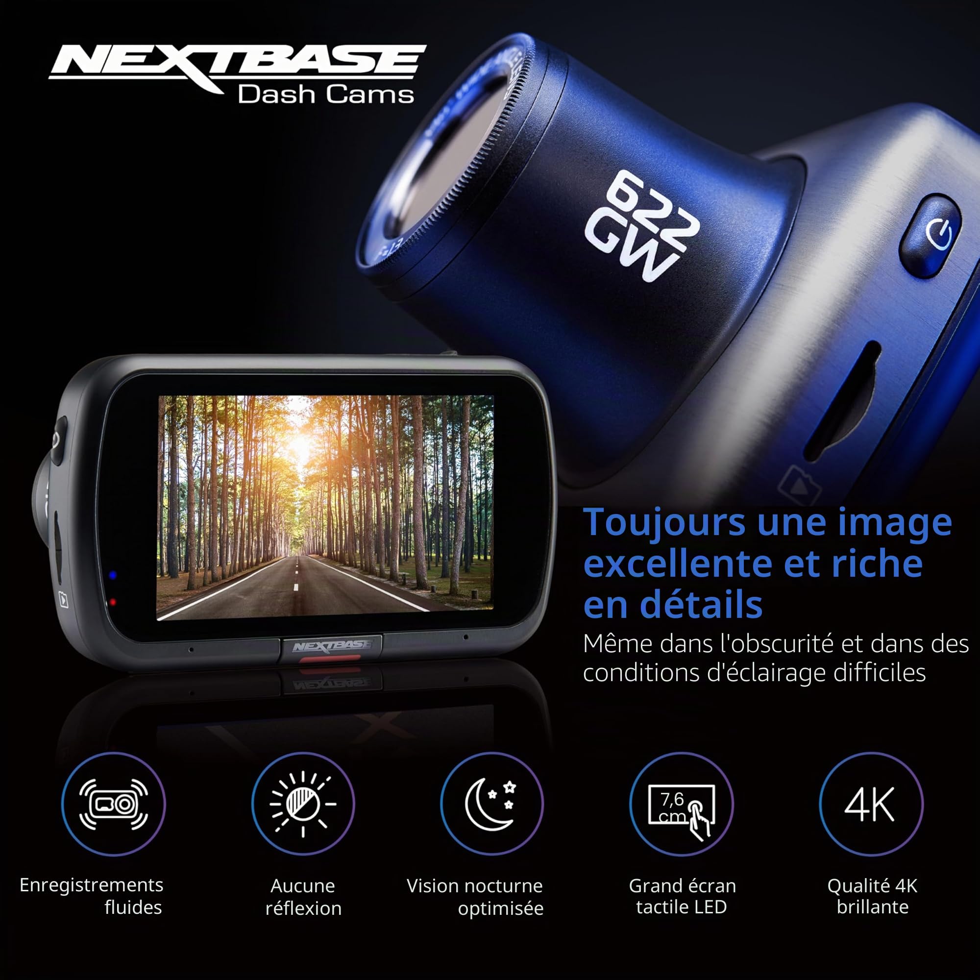 Nextbase® Caméra embarquée avant 622 GW | Mode stationnement 24h/24 et 7j/7 | Caméra embarquée 2160p 30 fps | Écran 3" | Caméra de voiture angle de vision 140 ° Vision nocturne Pro | Carte MicroSD 64