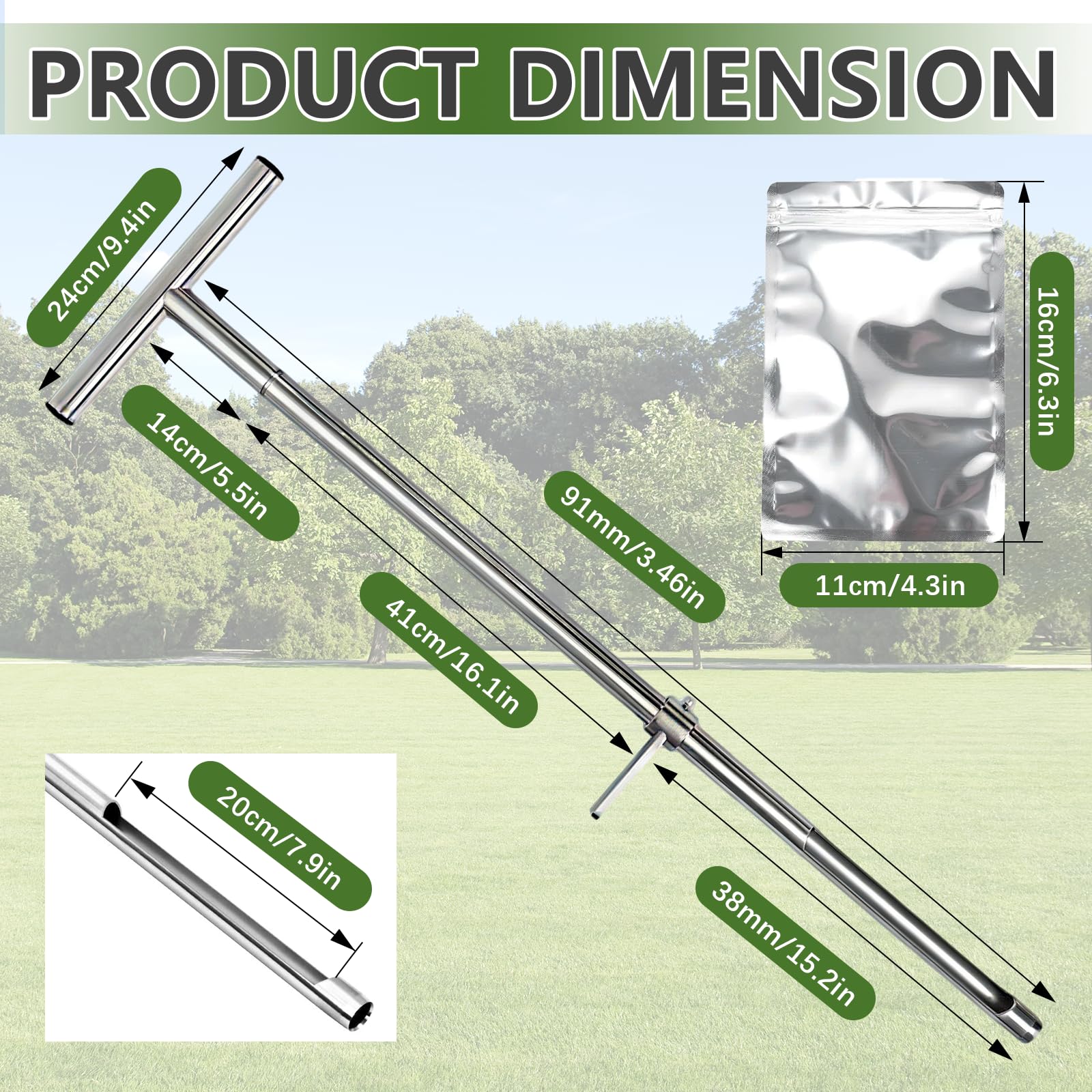 Sondes pour Échantillons de Sol, Sonde D'échantillonneur de Sol en Acier Inoxydable 304 Poignée Style T Kits de Test avec 2 Sacs d'Échantillons pour Pelouse Ferme Jardin