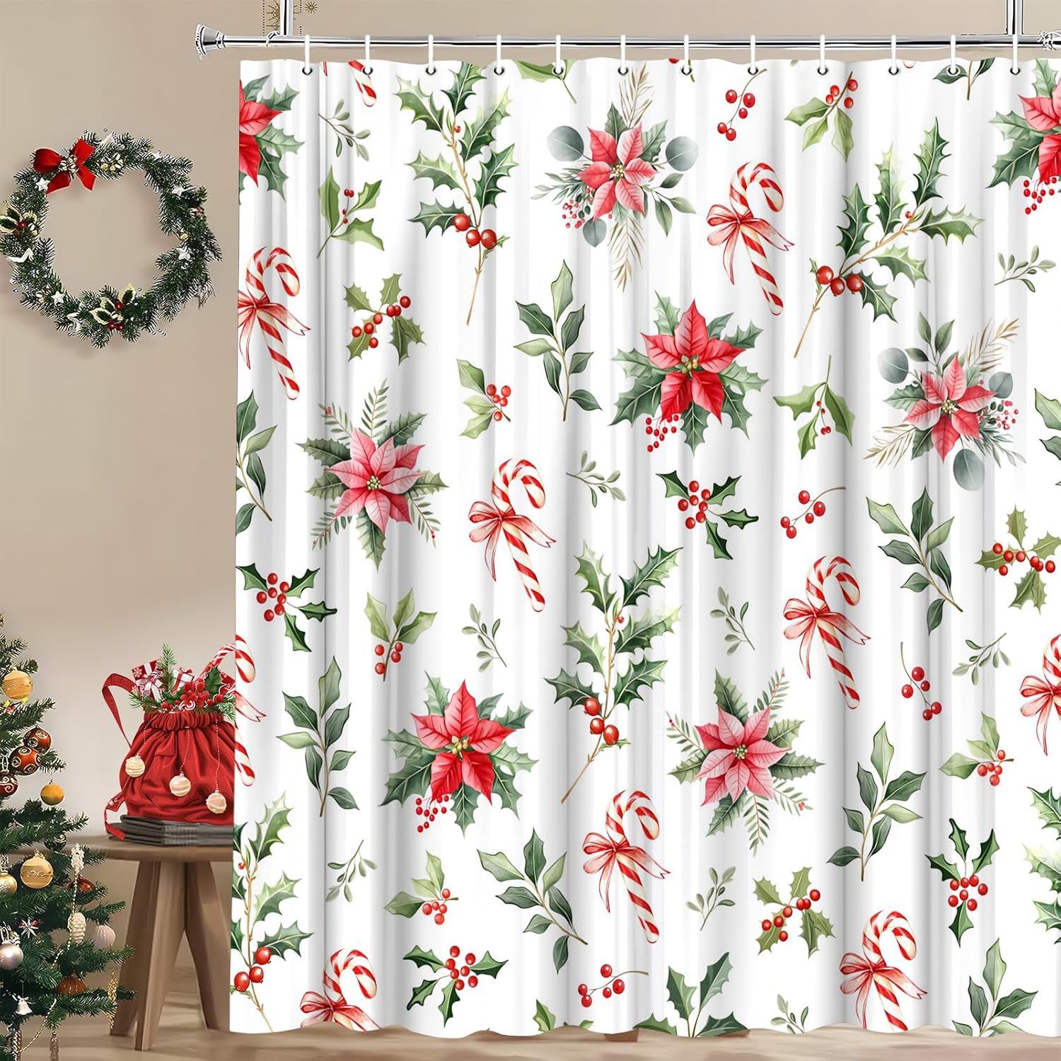 Christmas Shower Curtain Red Poinsettias Holly Berries Candy Cane Green Leaves Xmas Floral Winter Holiday Bathroom Decor Polyester Fabric Curtains with Hook 90Wx70H Inches