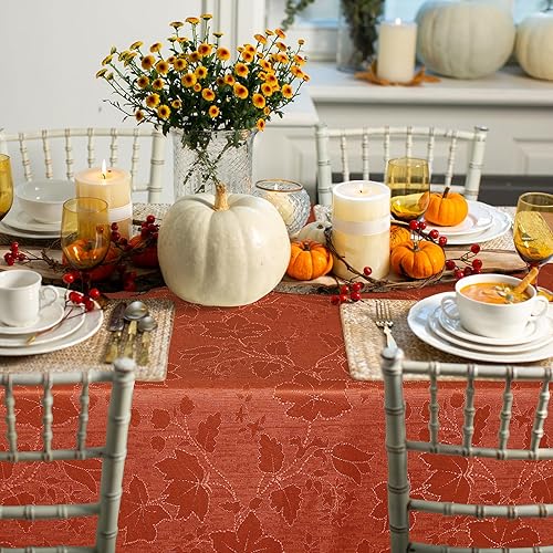 Miniatura 2 de misaya Mantel rectangular de jacquard de otoño, mantel de damasco de hoja de arce, mantel de tela impermeable para cosecha y decoraciones de Acción