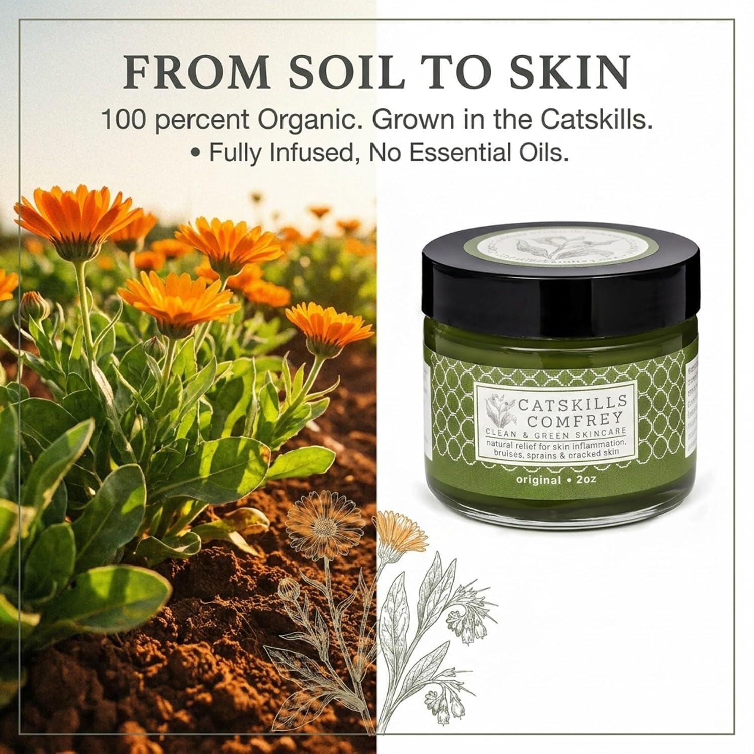 Calendula Plus 2oz - Extremely High Concentration of Calendula + Comfrey, Enriched via Infusion Process - Full-spectrum Array of Medicinal Benefits/Skin-surface Issues