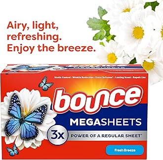 Bounce Mega Dryer Sheets, Fresh Breeze, 130 Count, Mega Fabric Softener Sheets with Static Control, Wrinkle Reduction, Extra Softness, Lasting Scent, Repels Lint