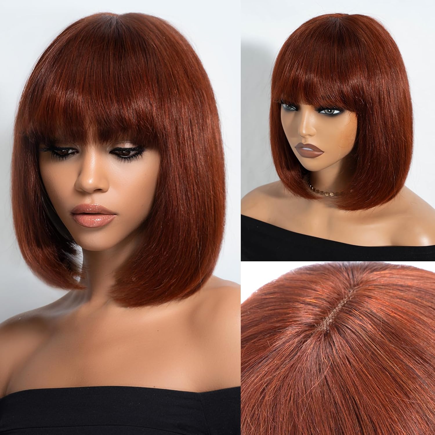 DÉBUT Short Bob Human Hair Wig with Bangs Glueless 2.5x1 Small Lace Top Straight Hair Wig for Black Women 1B 8 Inch