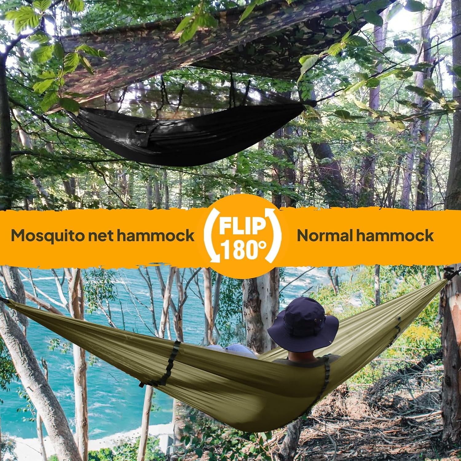 Hamac parachute FORCE avec filet anti-moustique et sangles durables