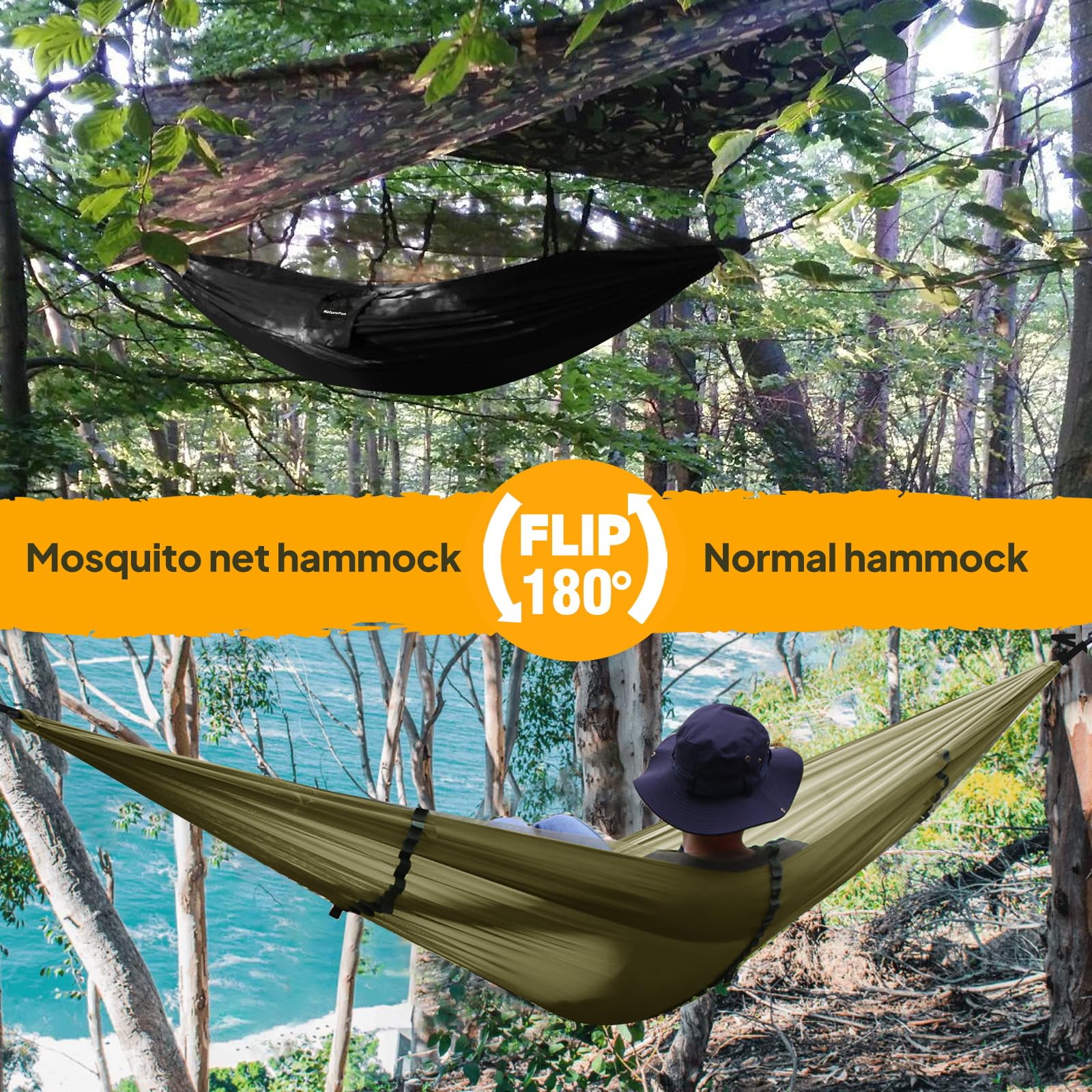 NatureFun Mosquitero Hamaca Ultra Ligera para Viaje y Camping | 300kg de Capacidad de Carga,Transpirable, Nylon de Paracaídas de Secado Rápido | 2 x Mosquetones Premium,4 x Correas de Nylon Incluidas