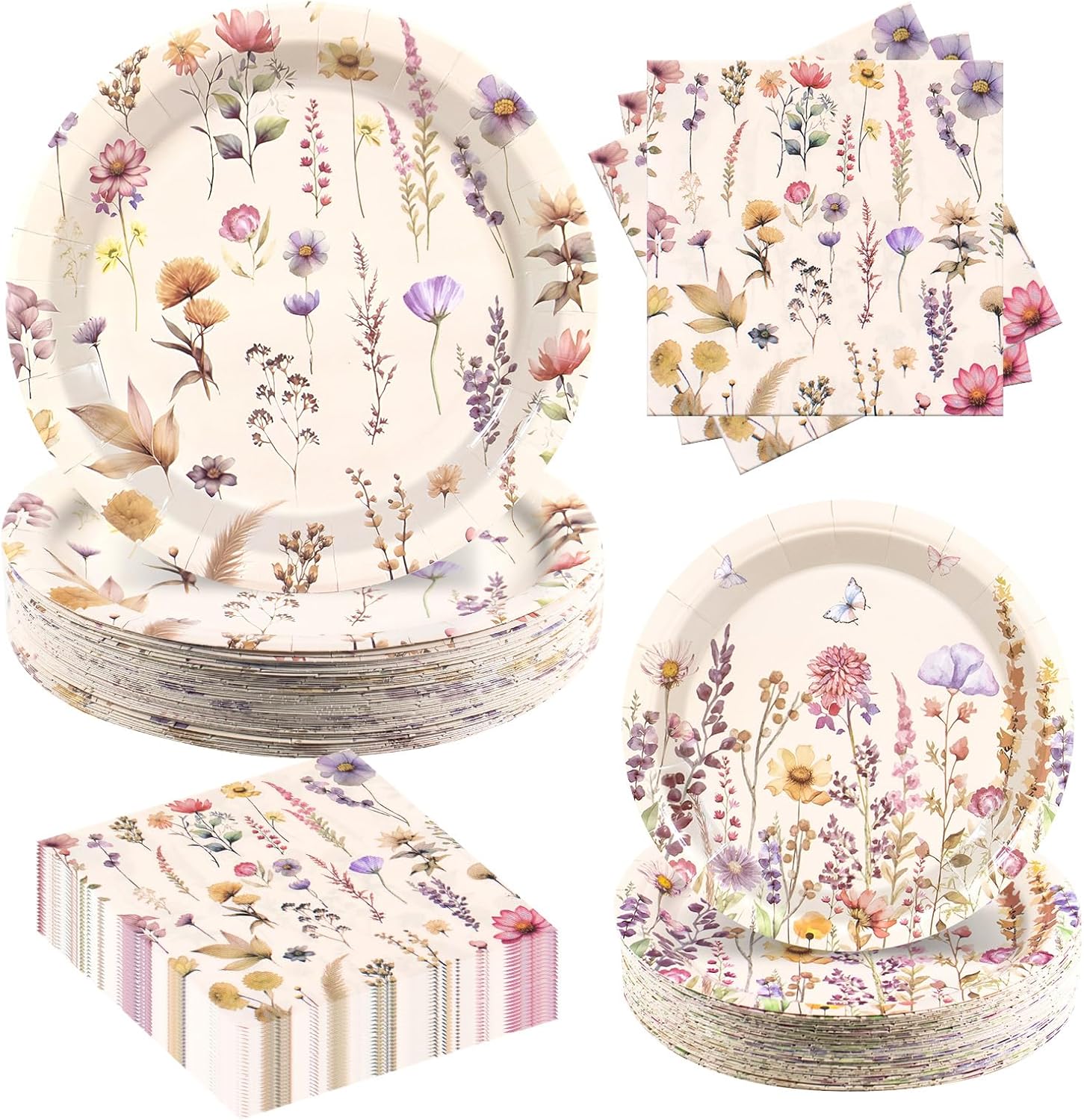 180 Pcs Vintage Wildflower Paper Plates Napkins Set,Disposable Floral Plate and Napkin for Wedding Birthday Baby Shower Bridal Shower Mothers Day Decorations Serve 60