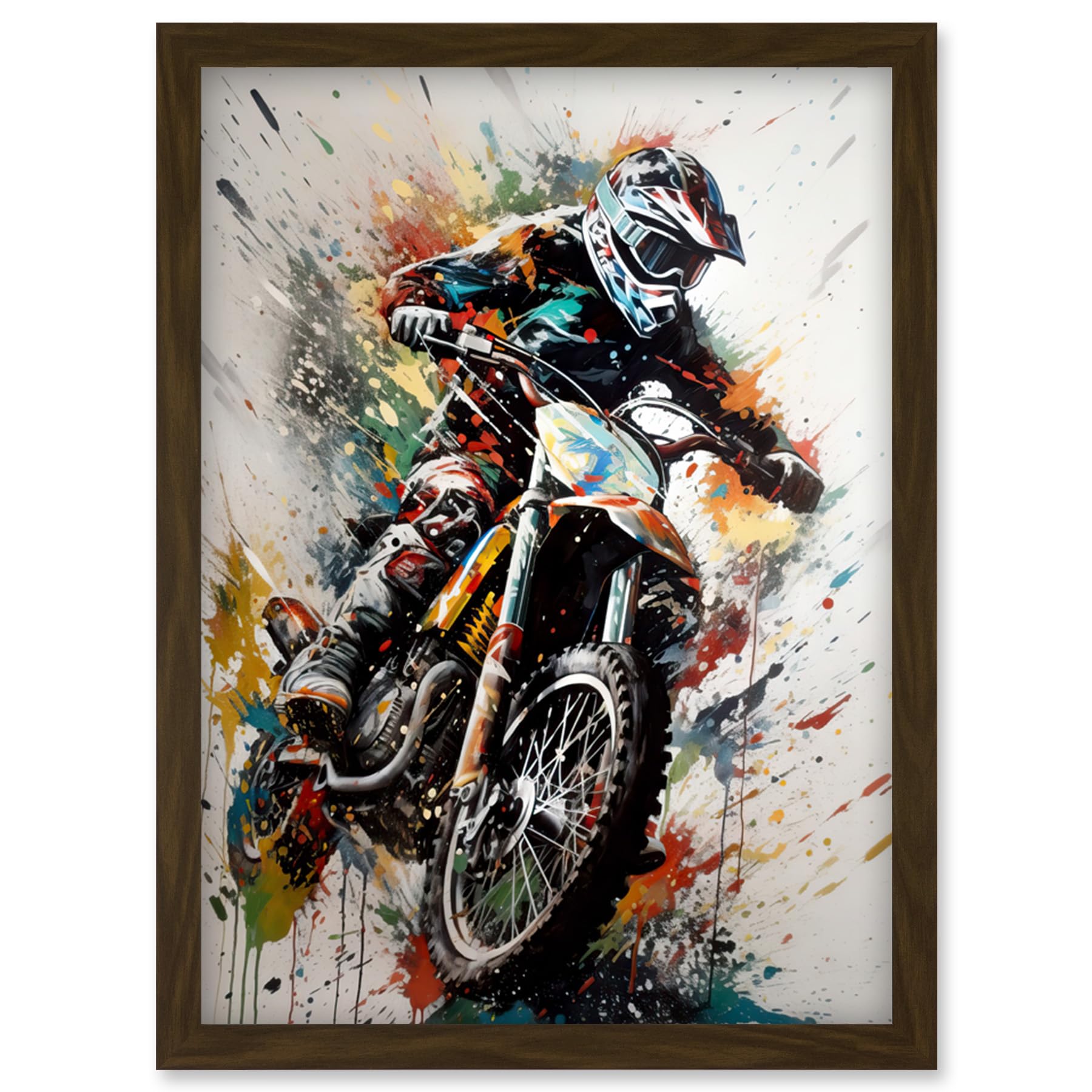Artery8 Motocross Racer Paint Splat Action Shot Portrait Artwork Framed Wall Art Print A4