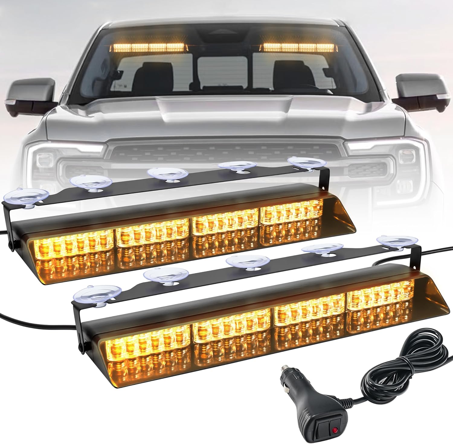 Amber 2 in 1 Emergency Dash Strobe Light Bar, Front/Rear 48LEDs Interior Windshield Visor Safety Flashing Warning Hazard Lights for Construction Work Trucks Towing Vehicles