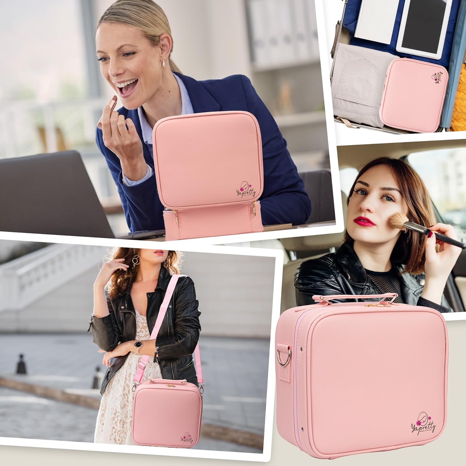 Lighted Makeup Case With Adjustable Dividers, Full Screen Detachable Rechargeable Mirror - 3 Color Adjustable Brightness, Waterproof Travel Makeup Bag - Bonus (Hair Comb with Mirror) (Pink)