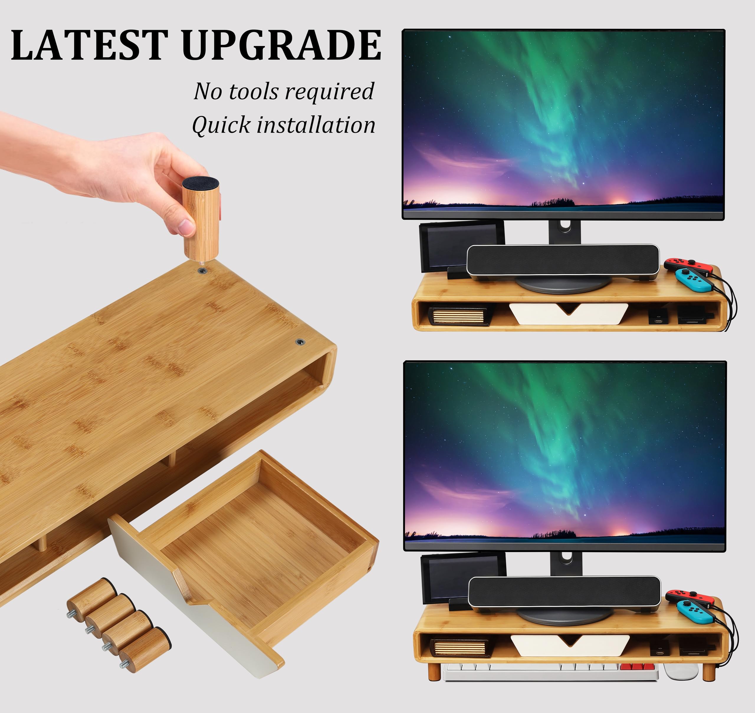 Homerays Supporto per monitor in bambù con cassetto, squisito supporto ergonomico per monitor del computer, bianco, modello di aggiornamento
