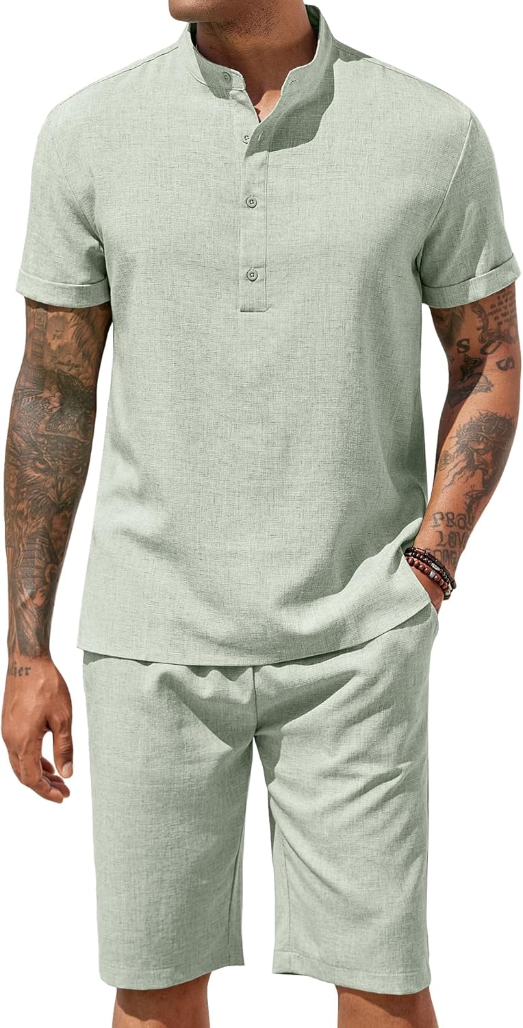 COOFANDY Men's 2 Pieces Set Short Sleeve Henley Shirts and Shorts Pants Texture Summer Beach Vacation Outfits