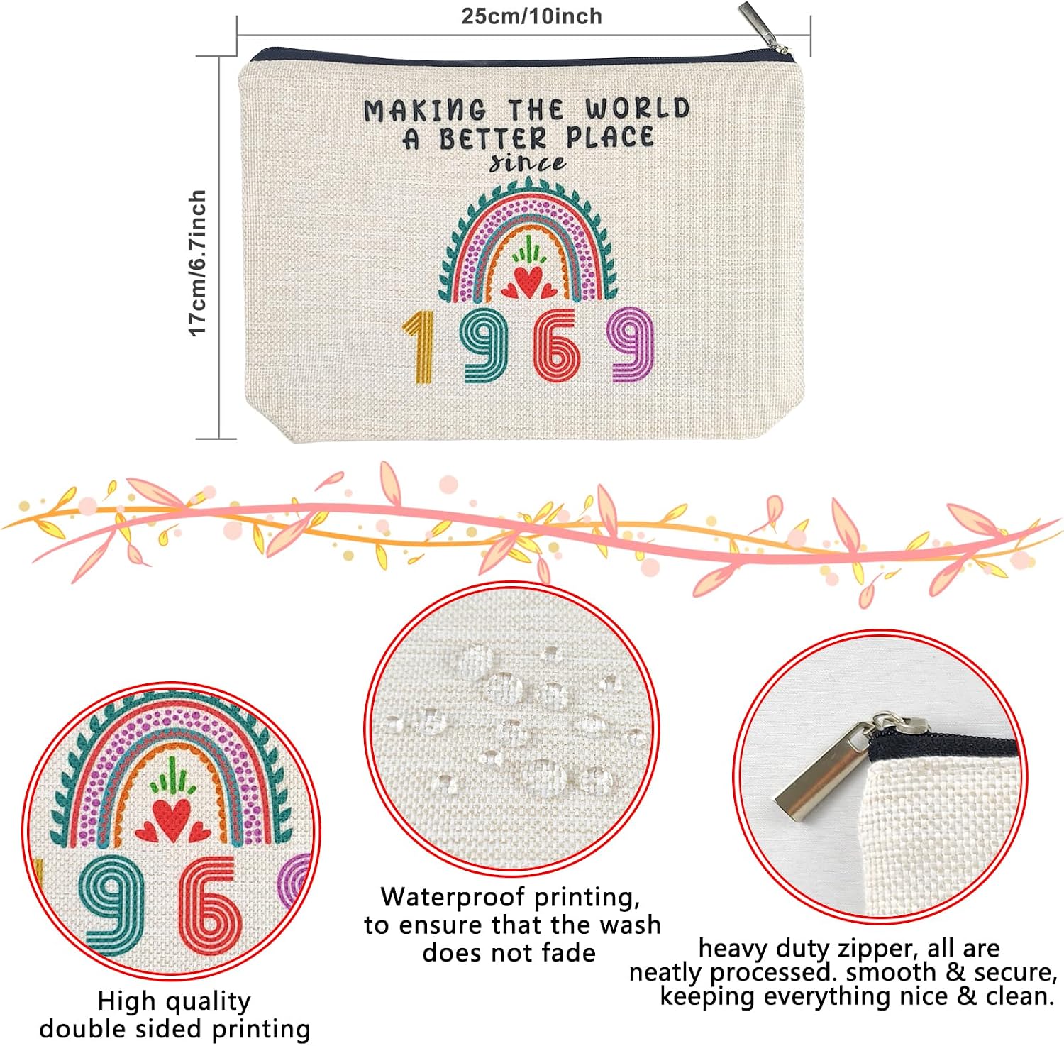 1969 Birthday Gifts for Women Mom Her Grandmother Makeup Bag, Funny 57th Birthday Anniversary Decorations Gift Ideas for 57 Year Old Grandma, Wife, Aunt, Mothers Day, Christmas, Cosmetic Travel Bags image 2