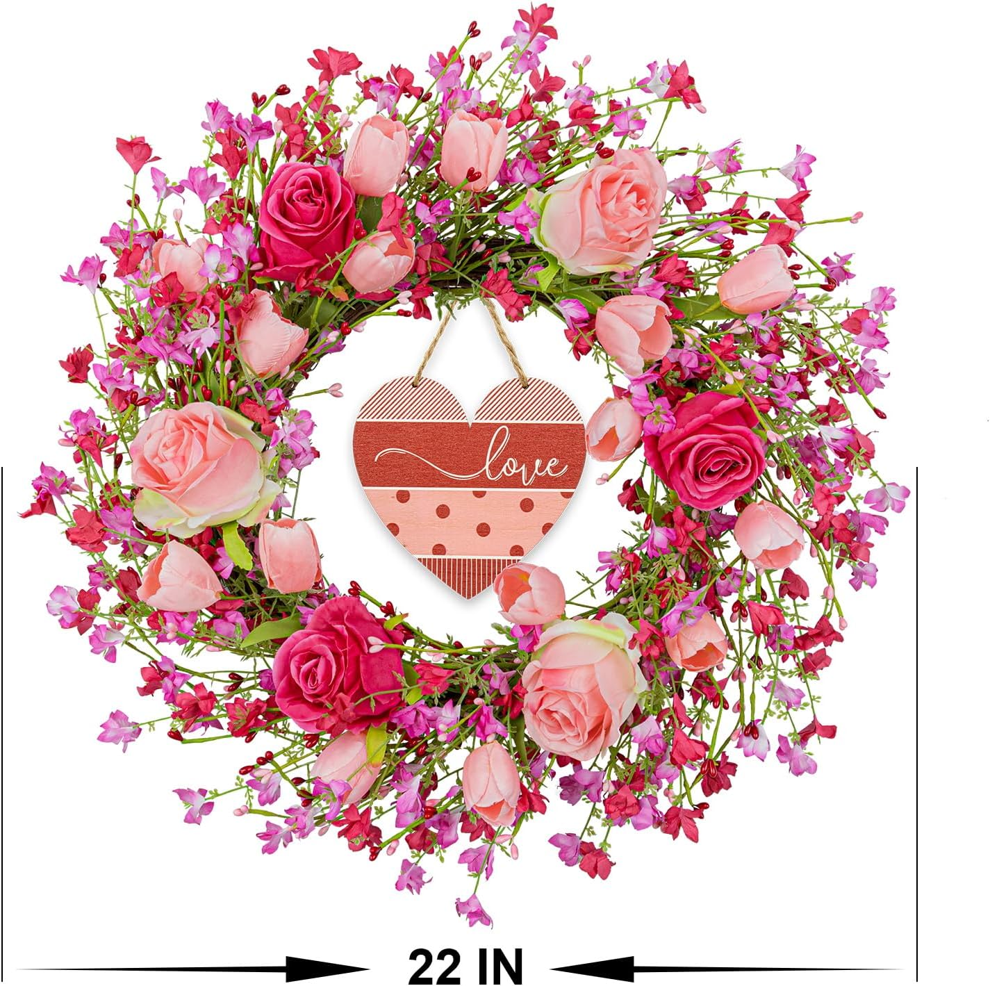 Valentines Day Wreaths for Front Door 22 Inch Valentines Wreath Artificial Valentine's Day Wreath with Red Pink Roses Tulips and Heart-Shaped Wooden Plaque for Valentine's Wedding Anniversary