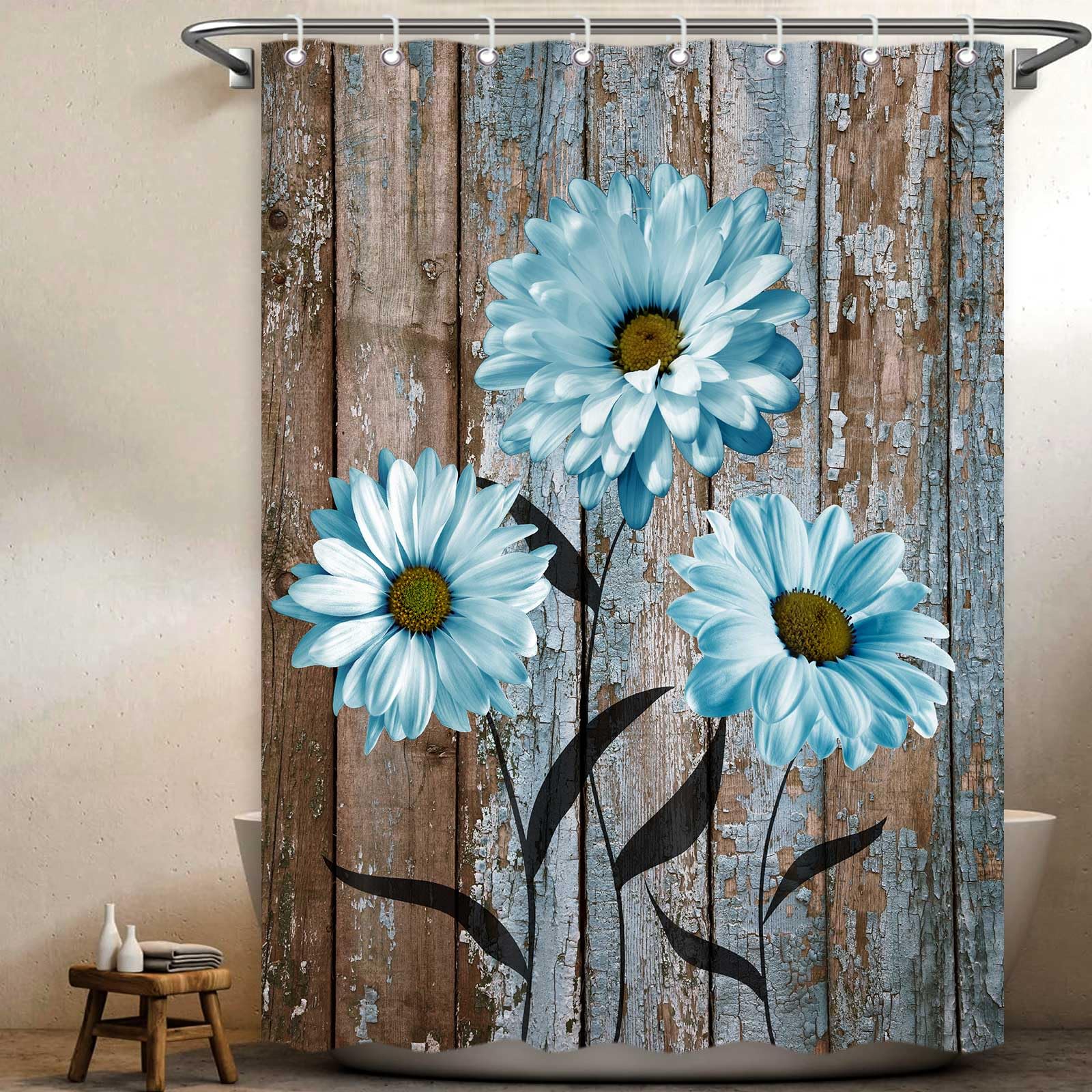 ICTEISOM RV Camper Shower Curtain Rustic Farmhouse Floral Shower Curtains for Travel Trailer Bathroom Blue Daisy Flower Decor Fabric Camping Bath
