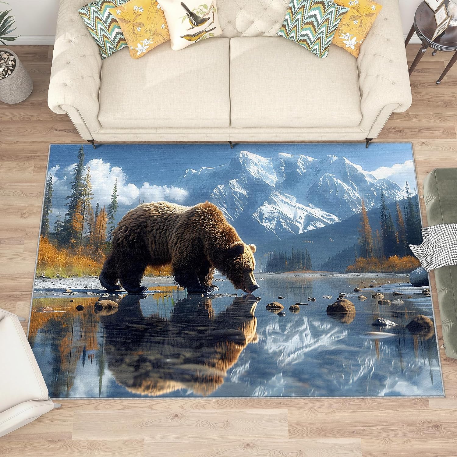 5x7 Rug, Bear Rug Washable Non Slip Soft for Living Room Bedroom, Wildlife Cabin Area Rug, Mountain Wild Animal Carpet, Bear Home Decor & Gifts