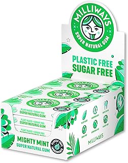 Milliways Mighty Mint Chewing Gum, Plastic Free, Sugar Free, Aspartame Free, Natural | 12 Packs of 10 Pieces (120 Pieces Total) | Xylitol, Plant-Based, Biodegradable