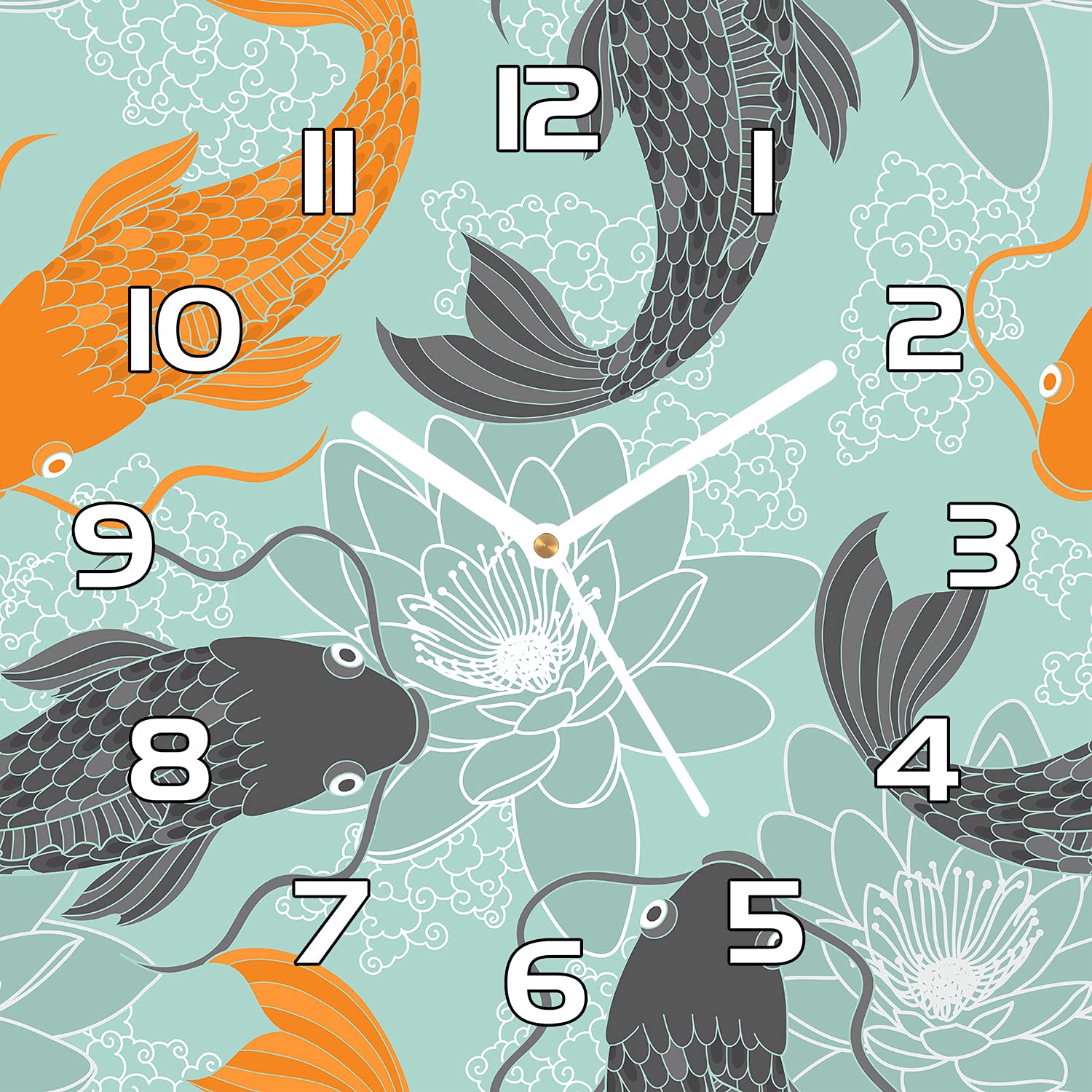 Horloge en verre 30x30 cm motif carpe orange et aiguilles noires de Coloray