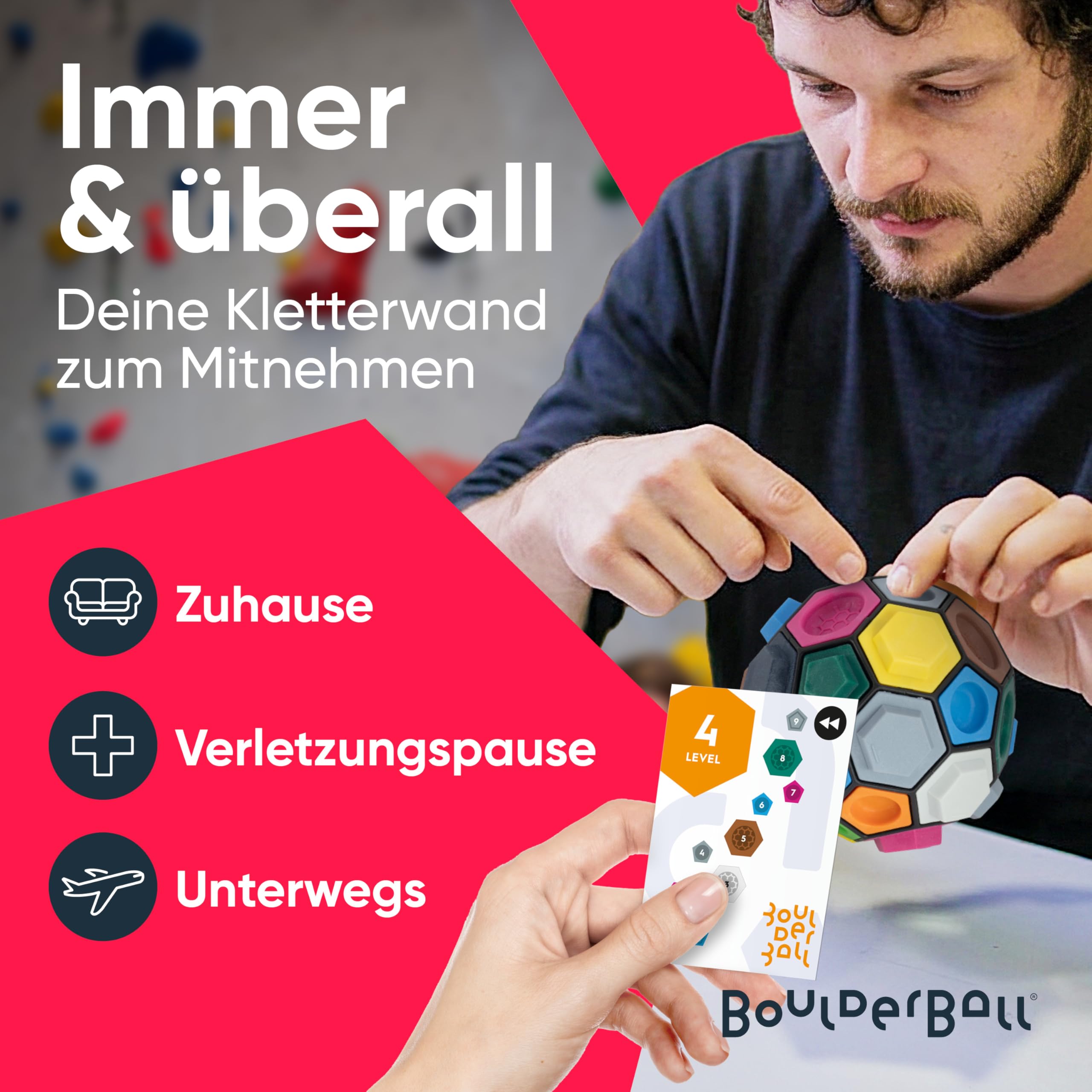 BOULDERBALL Basic I Spiel [ aus HÖHLE DER LÖWEN ] Geschenk für Kletterer Kletterball mit Klettergriffe - Spiele Klettern auf dem Ball - Kletterwand für unterwegs - Geschicklichkeitspiel + gratis App