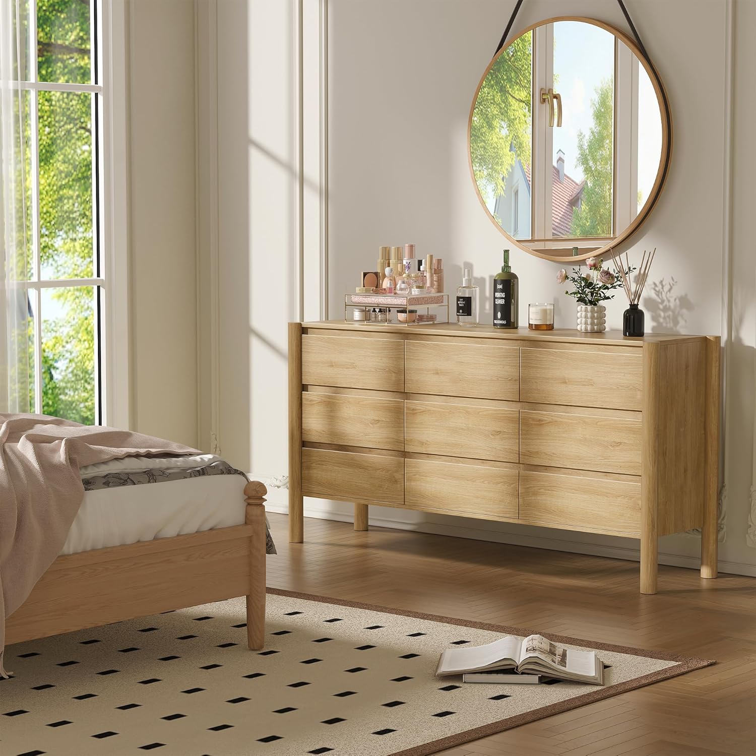 The CHUWELL 9-Drawer Dresser positioned in a bedroom setting, demonstrating its aesthetic integration with other furniture.