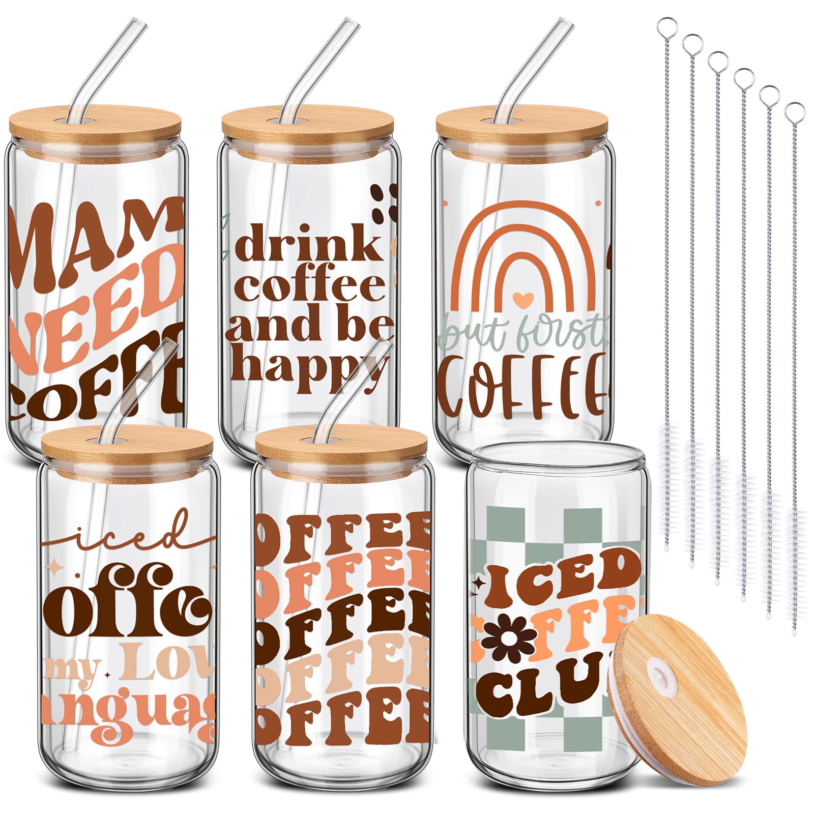 RimCereal 6 Pcs Mama Christmas Gift Mama Glass Cup with Lid and Straw 6 oz Can Shape Drinking Tumbler for Christmas Coffee Theme Gift Party Supplies