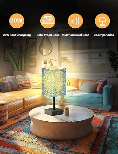 Miniatura 4 de SRTCLLT Lámparas de mesita de noche para dormitorio, lámpara de mesita de noche con puerto de carga y salida de CA, pequeña luz azul de escritorio,