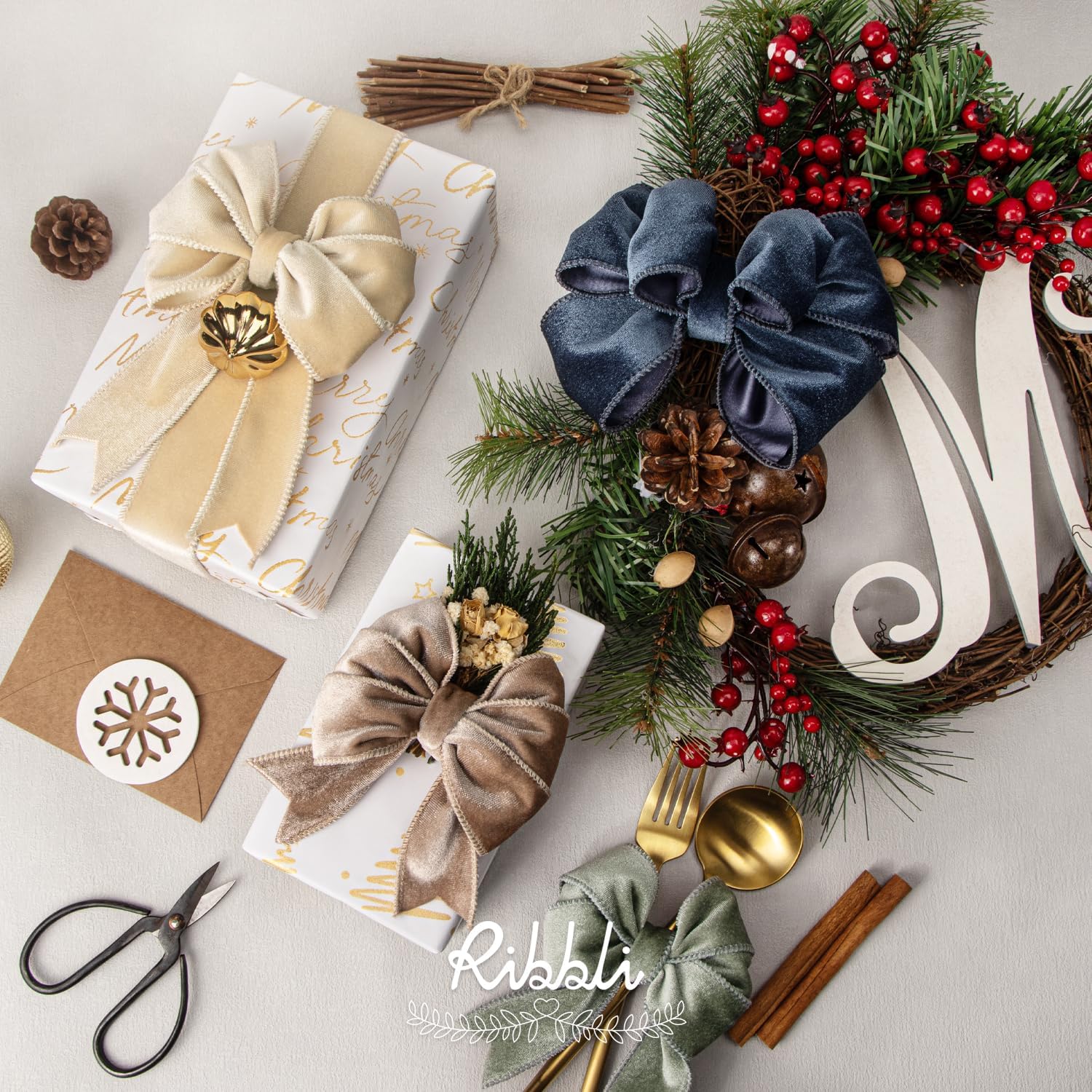 Ribbli Dusty Blue Velvet Wired Ribbon 2.5 Inch Velvet with Satin Christmas Ribbon for Gift Wrapping Christmas Tree Decoration Crafts Wreaths Supplies-Continuous 10 Yards
