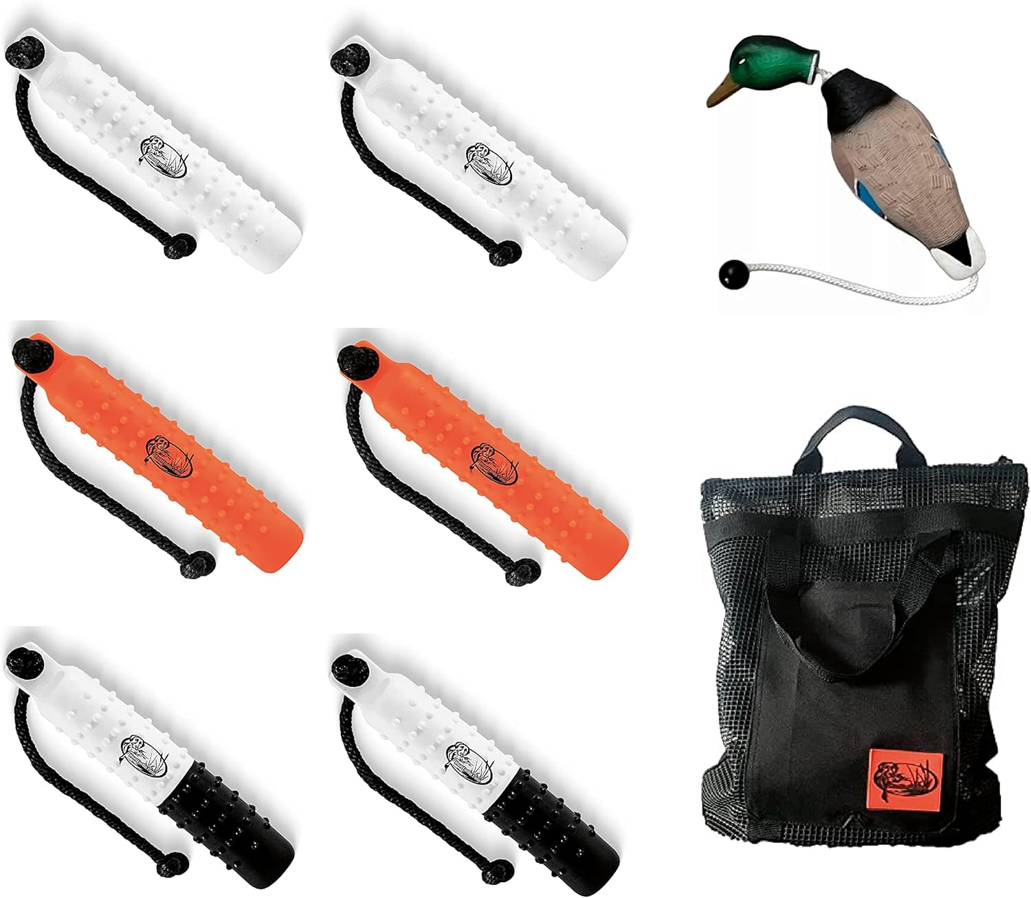 Tri-Pack (6) 2 inch Plastic Bumpers with Throw Ropes - 2 White, 2 Orange, and 2 B/W - one Mesh Bumper Bag - and one Fowl Dead Mallard Dummy