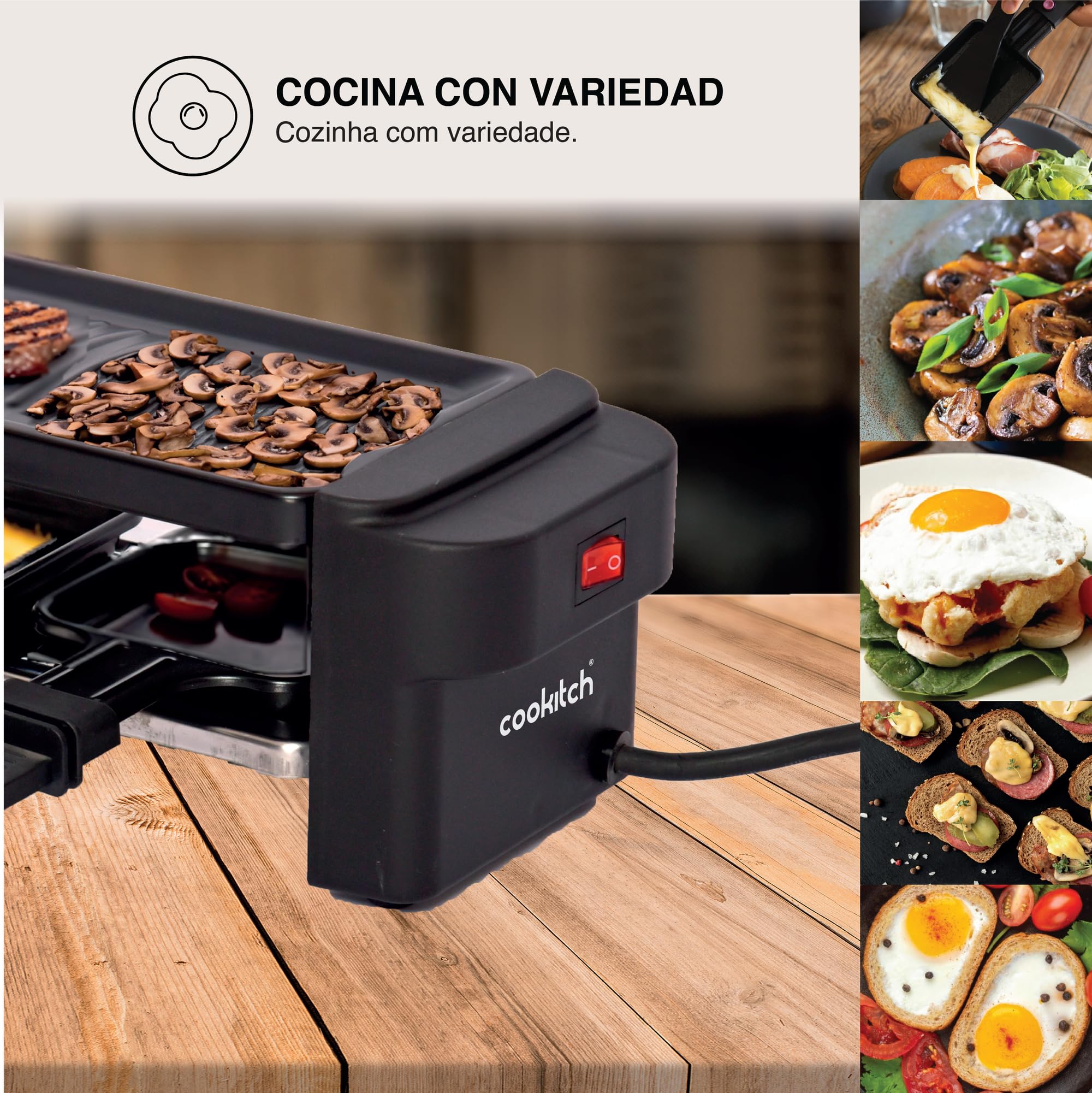 Raclette Eléctrica para 2 Personas – 400W, Placa de Hierro Fundido Extraíble, Superficie Antiadherente, Voltaje 220–240V, 2 Sartenes, Ideal para Parrilladas Saludables