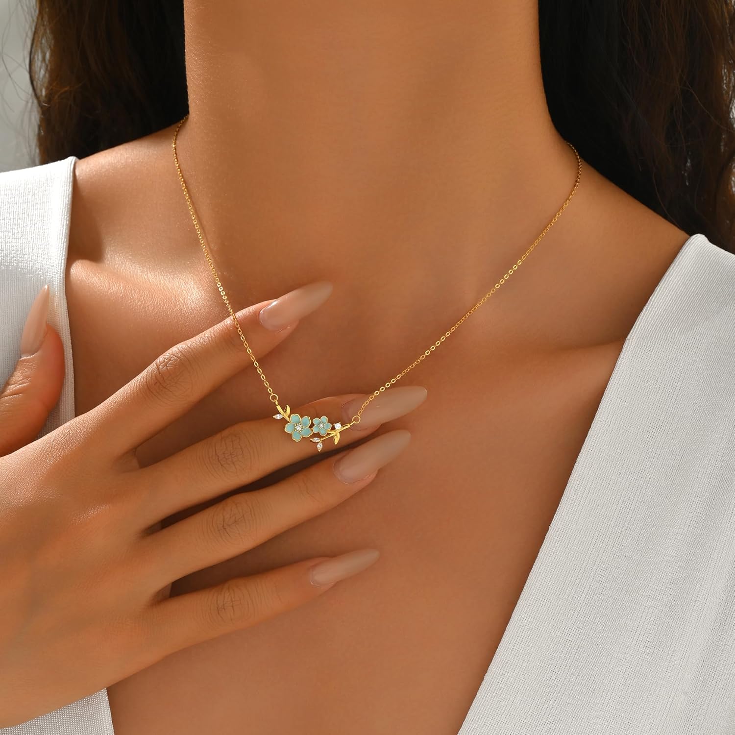 SUYACS 925 Sterling Silver Cherry Blossom Flower Leaf Necklaces for Women Dainty 14k Gold Plated Double Two Blue Enamel Floral Pendant Necklace Leaves CZ Charm Chain Jewelry Gifts to Daughter - Image 2