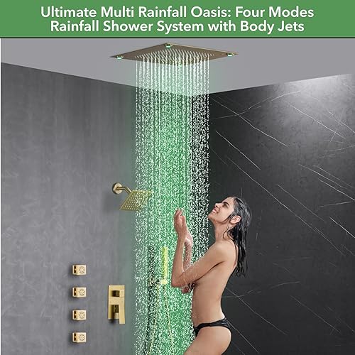 Miniatura 8 de VANFOXLE Juego de grifo de ducha de oro rosa cepillado, grifo de ducha con 2 en 1 de mano, cabezal de ducha LED de 16 pulgadas + cabezal de ducha