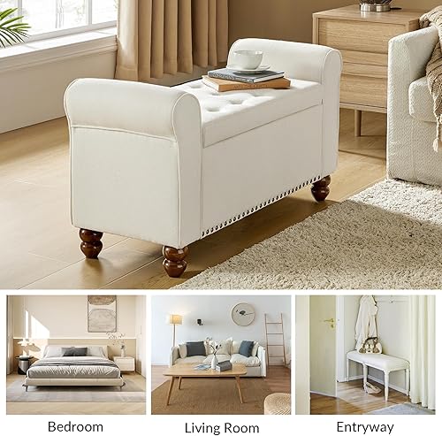 Miniatura 6 de HULALA HOME Banco otomano de almacenamiento con reposabrazos enrollado, banco de cama con botones copetudos con patas de madera maciza, tapa