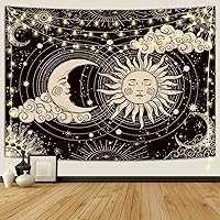 Wonrizon Black Sun & Moon Tapestry - Mystic Spiritual Wall Hanging with Burning Sun, Clouds & Stars, Bedroom Decor 51.2x59.1"