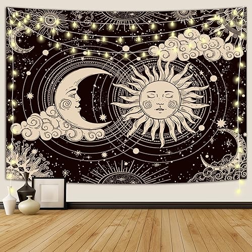 Wonrizon Tapiz de sol y luna, tapices espirituales negros oscuros estéticos con sol ardiente místico con nubes y estrellas, decoración colgante de