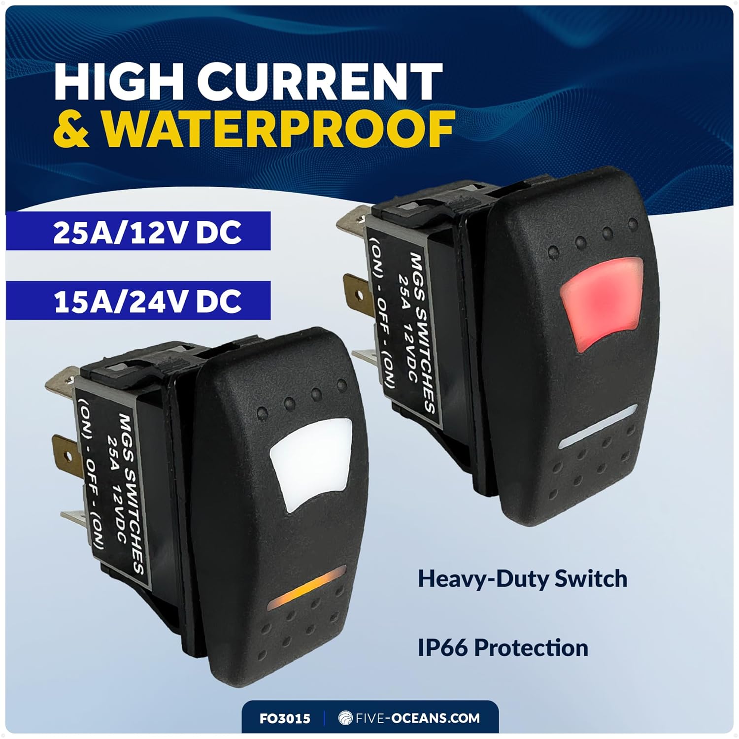 Five Oceans 6-Pin LED (On)-Off-(On) Momentary Rocker Switch, 25A/12V DC - 15A/24V DC, SPST, IP66 Waterproof, UTV, ATV, Marine, and Boat - FO3015