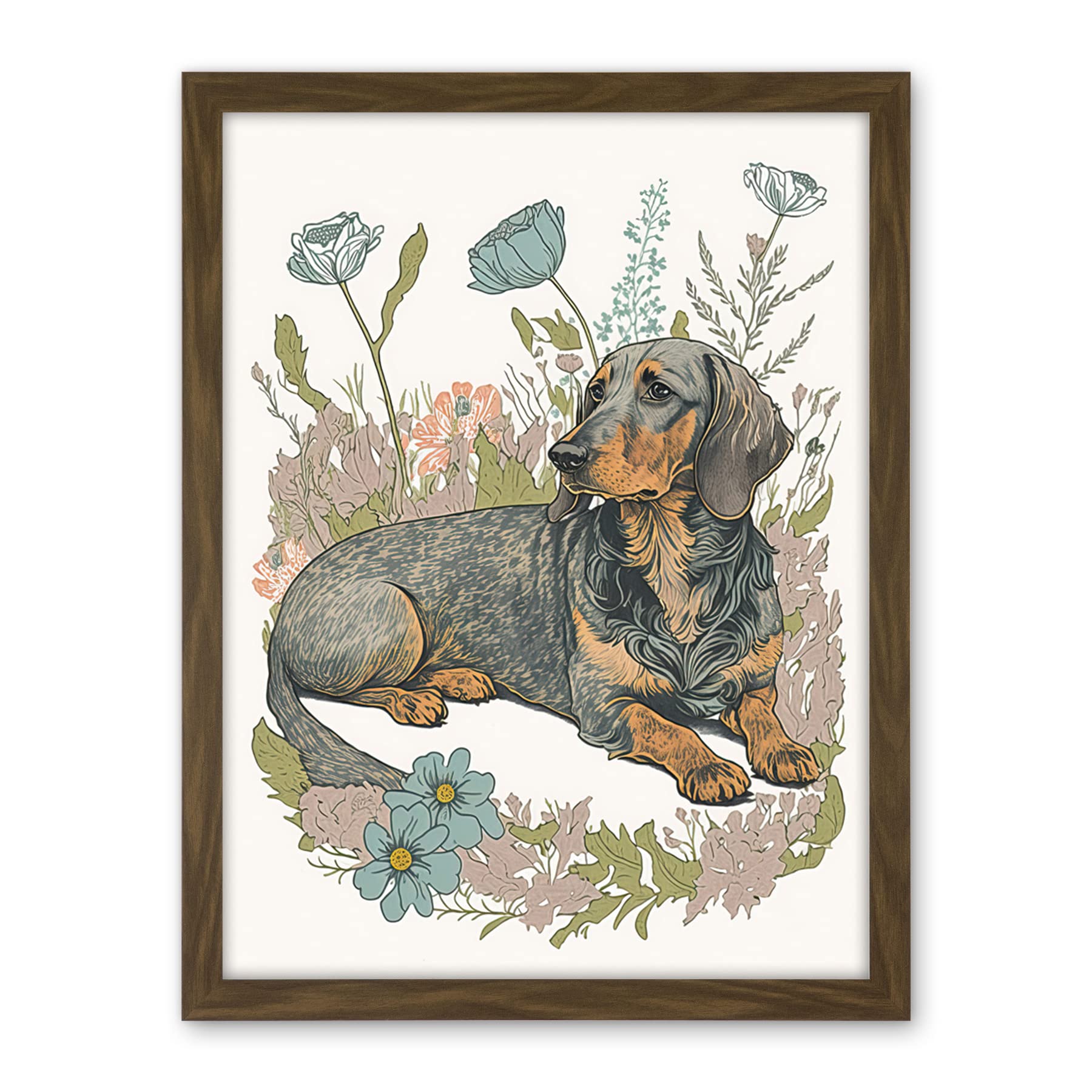 Artery8 Dachshund Dog Lying in Flower Field Pastel Watercolour Illustration Artwork Framed Wall Art Print 18X24 Inch