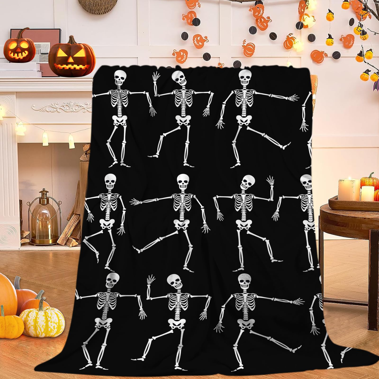 Qucarder Dancing Skeletons Throw Blanket Funny Halloween Throw Blankets Lightweight Cozy Flannel Blanket for Bedroom Living Room Couch Sofa Home Decor 50x60 Inch