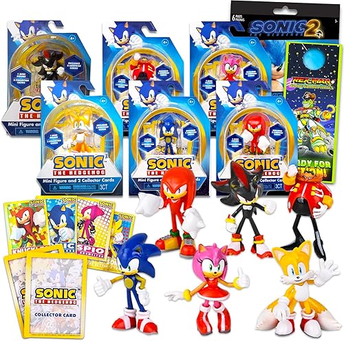 Sonic The Hedgehog Figuras de acción paquete de 6  Paquete de recuerdos de fiesta de Sonic con 6 figuras de Sonic incluyendo calcomanías de Sonic,