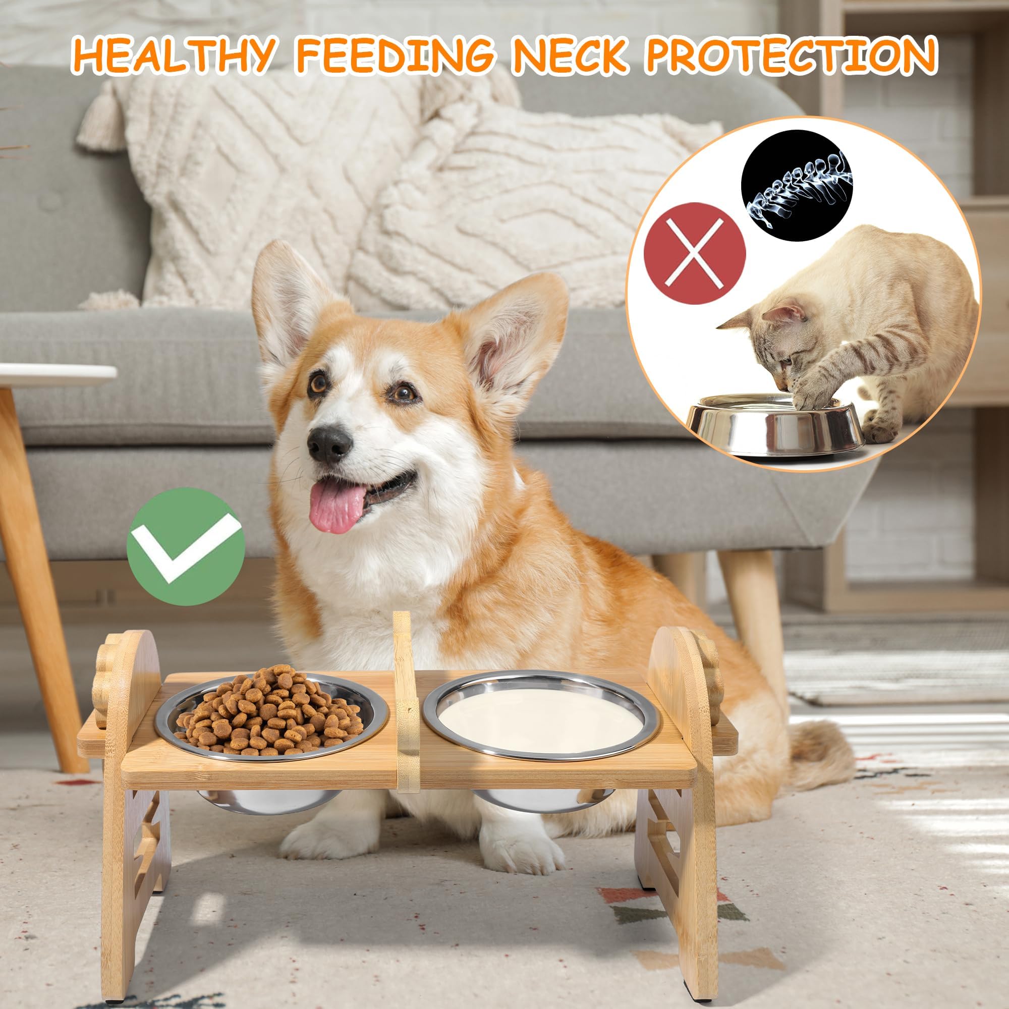 MCEAST Cuencos elevados ajustables para perros con 2 cuencos de acero inoxidable 304 de bambú para mascotas, comedero elevado para perros de tamaño pequeño, gatos y mascotas